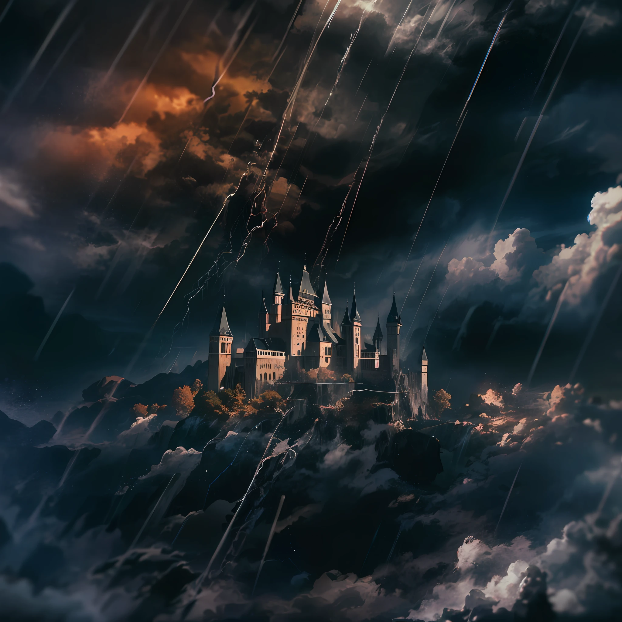 Continent floating in the sky with castle in thunderstorms, 666, Complex surface details and textures, Thunderbolts and lightning, dark vibrant colors, Color, Color contrast, elegant, Dark detached, Impeccable, Hyper Real, Ultra-fine skin, hyper qualit, cinematic Film still from, 16k, Conceptual contrast, Natural lighting,