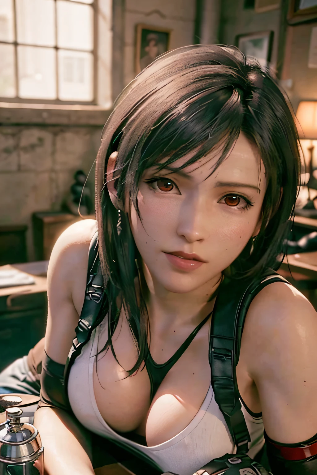 (masterpiece), (best quality), 8k resolution, ultra-detailed, hyper-detailed, realistic, photograph, photorealism, (1girl), Tifa, final fantasy, Tifa Lockhart, sun light, cinematic, cool pose, black hair, D cup, perfect body