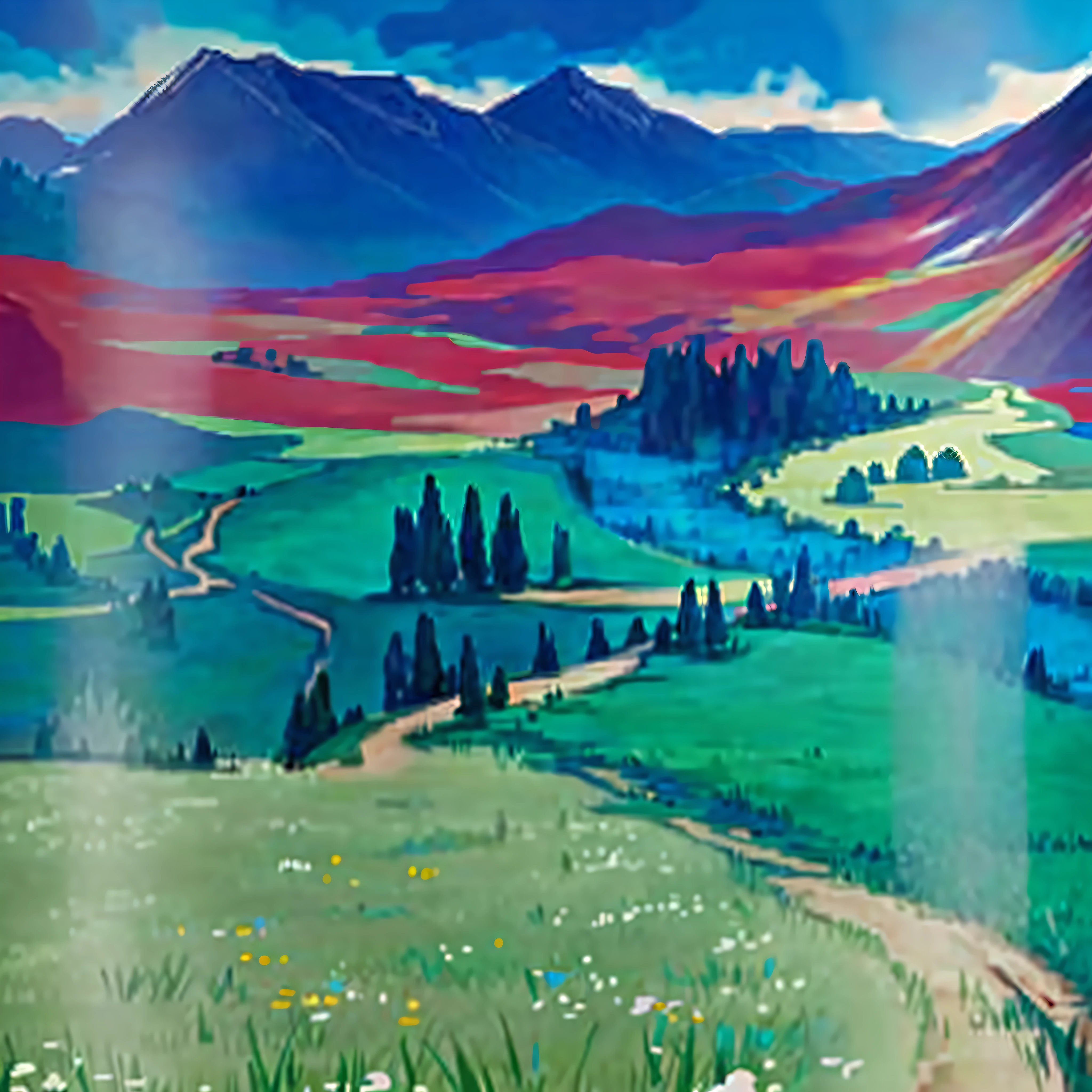 Field landscape painting,There are low mountains in the distance