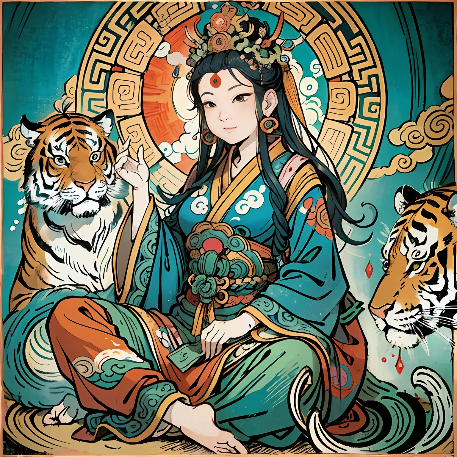 an ancient Chinese goddess, guanyin of the southern seas, Guanyin, Inspired by India, Avalokiteshvara rides a tiger,,Serene expression,shui mo hua,Buddha,Buddhist,Lotus,Chinese painting style,Thangka style
