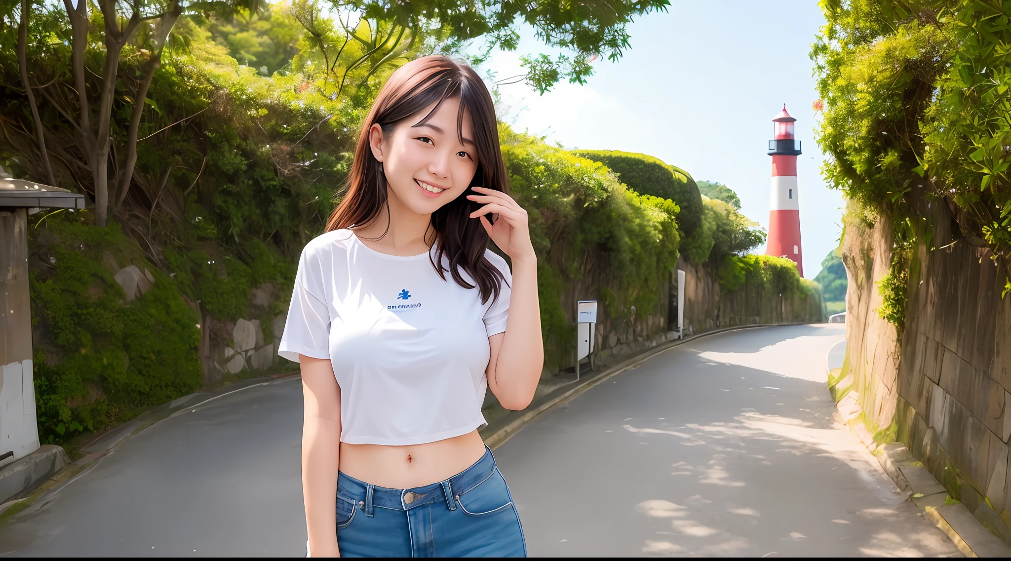15:40:14 Task ID:53412325290053 Shonan Sea、You can see Enoshima、(natural soft light、top-quality、8K)landscape shot、25Slender beautiful woman、Realistic and delicate figures、Beautiful black long hair swaying in the wind、Wearing blue denim and a white short-sleeved T-shirt、big breasts thin waist、a smile、Brown-haired short-cut woman and2a person、nighttime scene、Fantastic light of the lighthouse