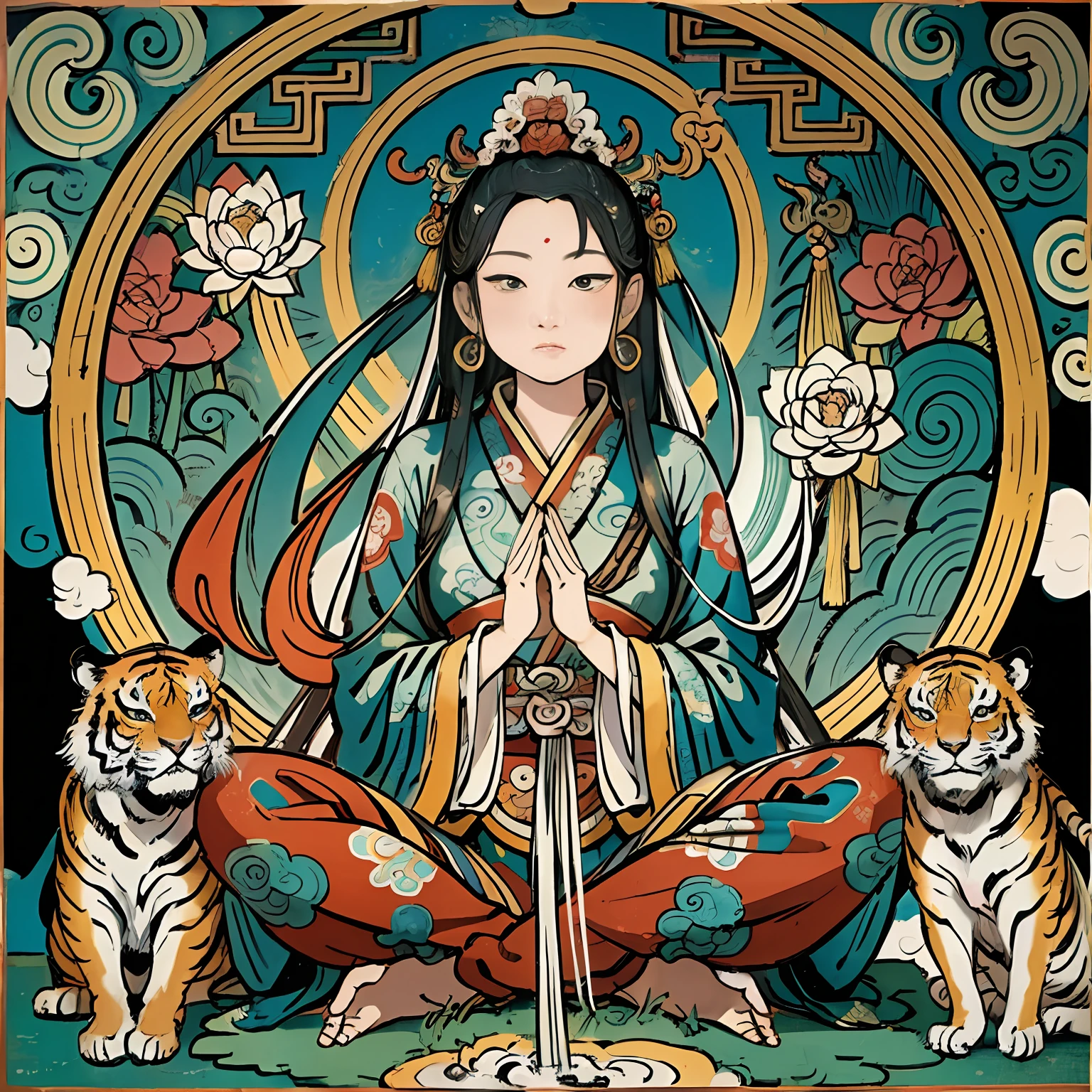 an ancient Chinese goddess, guanyin of the southern seas, Guanyin, Inspired by India, Avalokiteshvara rides a tiger，,Serene expression,shui mo hua,Buddha,Buddhist,Lotus,Chinese painting style,Thangka style