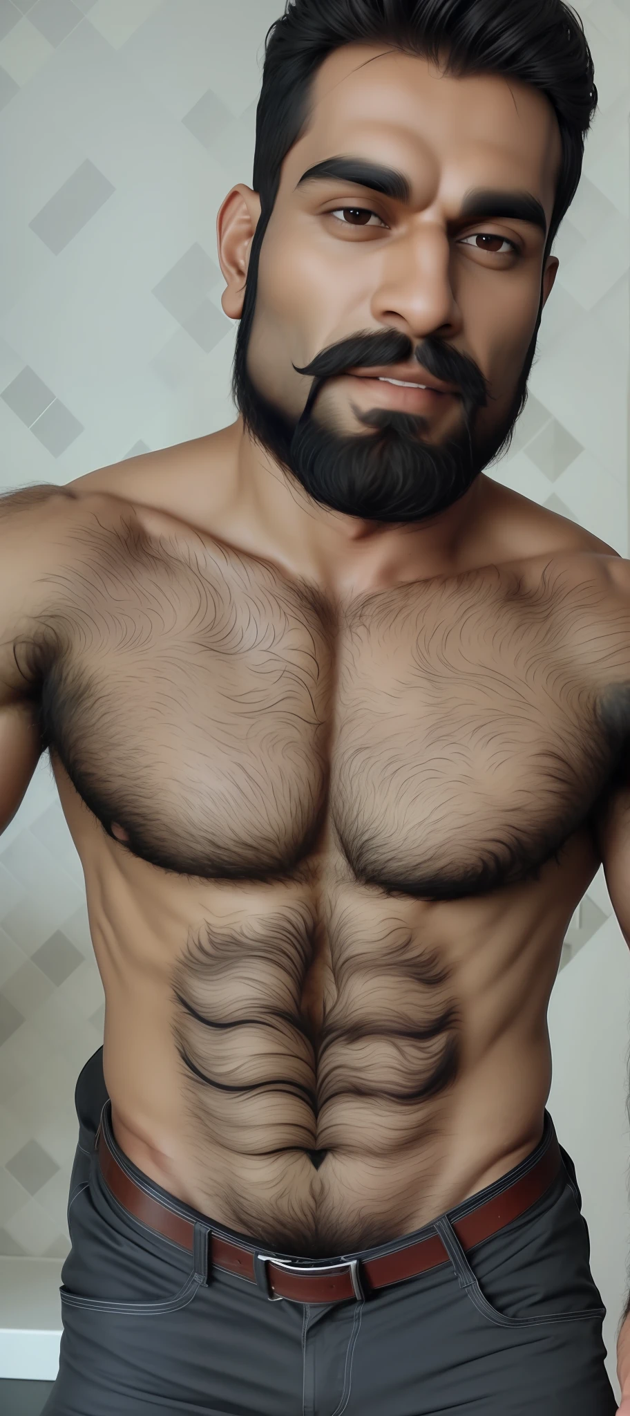 Muscular body, beard man , handsome looking sexy, hairy chest,Indian hairy men, hairy body, ultra realistic, 8k