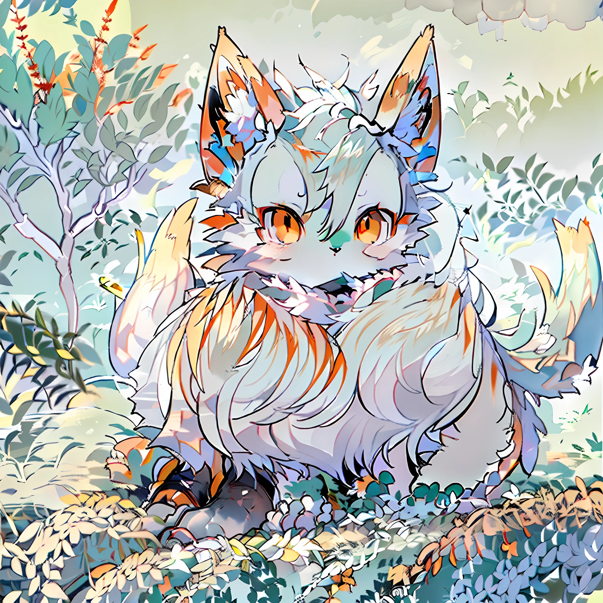 Best Picture Quality,furry,(Male Arctic fox),(Fluffy tail),(solo person),(ultra - detailed),tack sharp focus,Nine tails,The end of the tail is red,White fur,furry tail,red color eyes,Orange eyeshadow,Sit cross-legged on the ground,in a panoramic view,Natural light