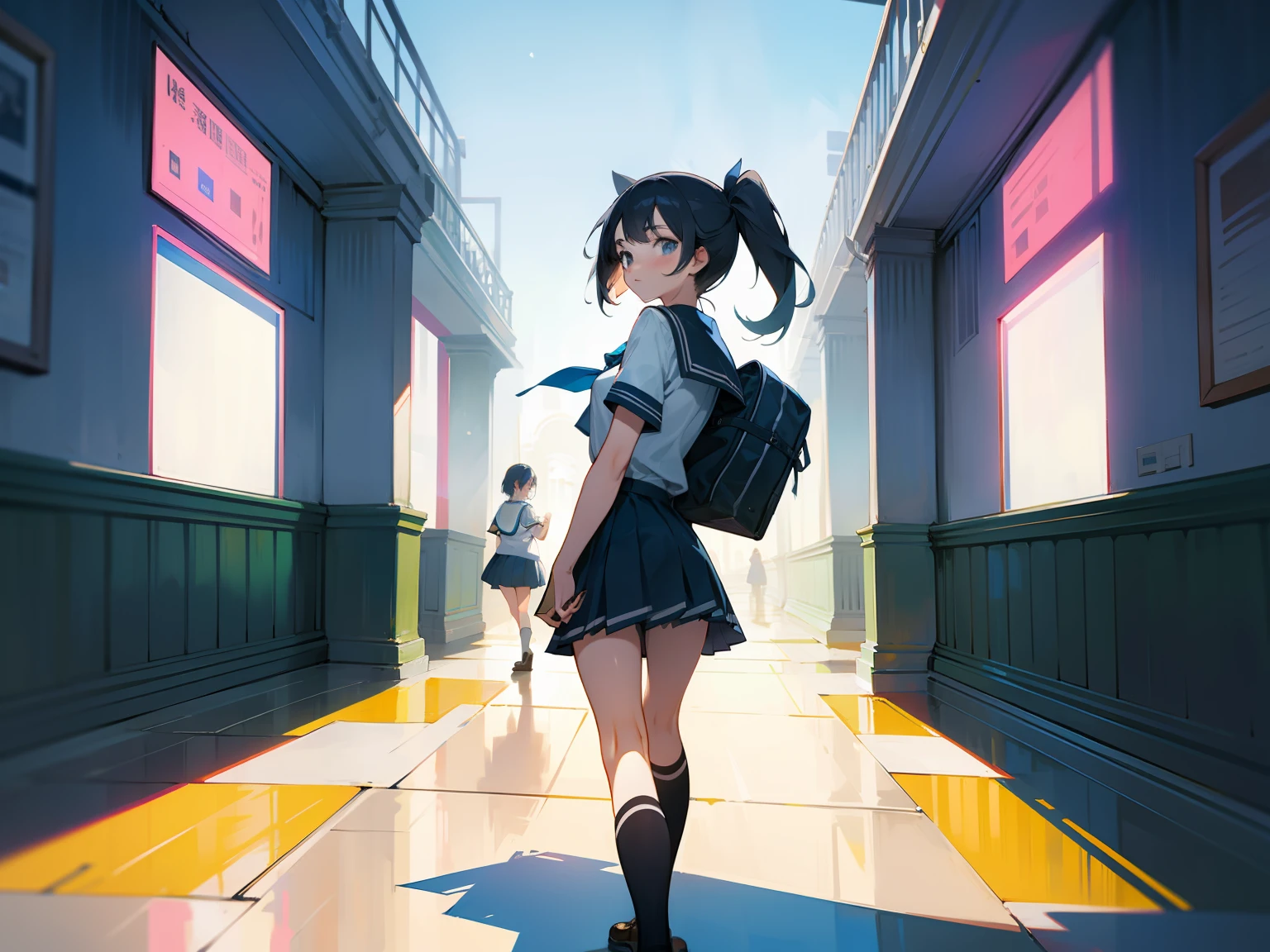 schoolgirls,Sideways,looking back at the camera,beckon,Walk,Show the whole body