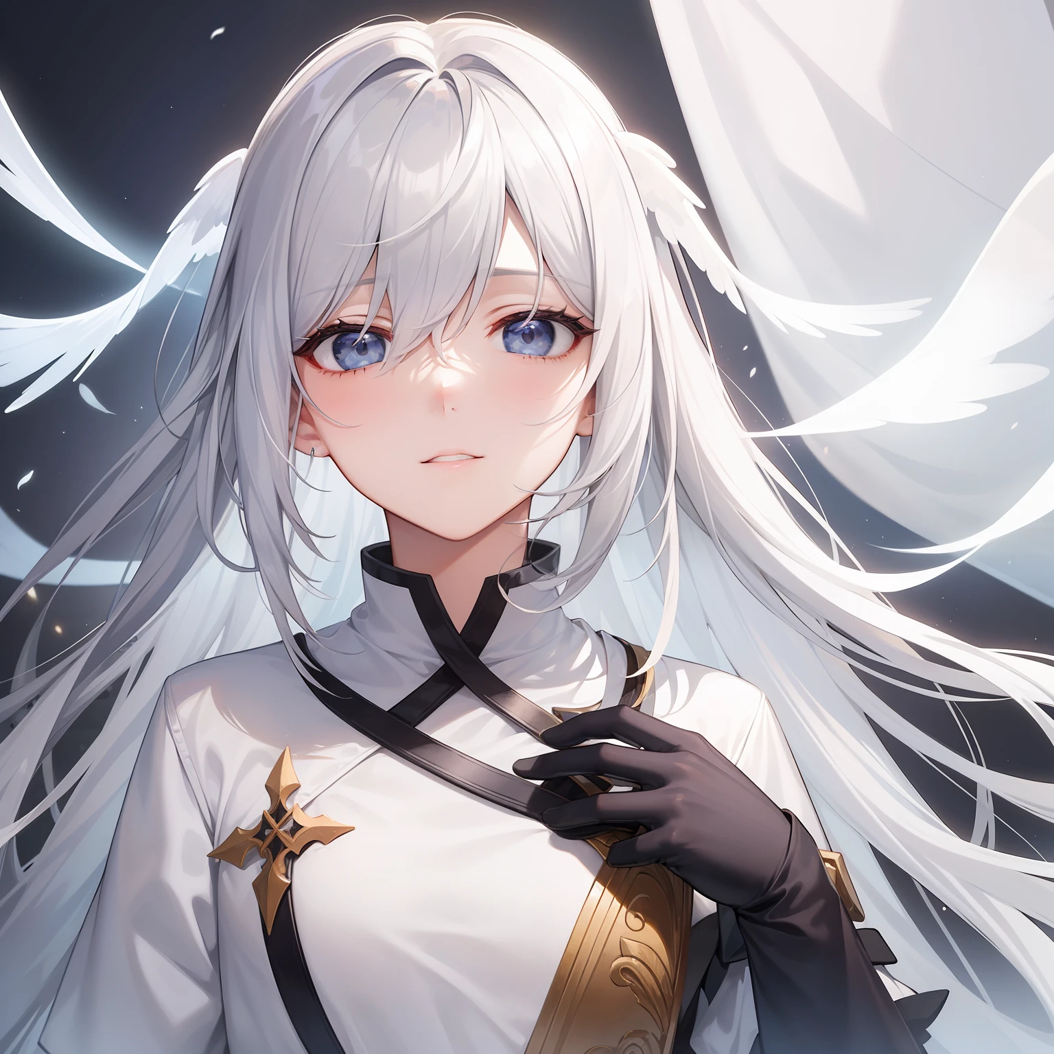 Men with neutral facial features。Fallen Angel。The background is the heavenly world。white hair。halo。