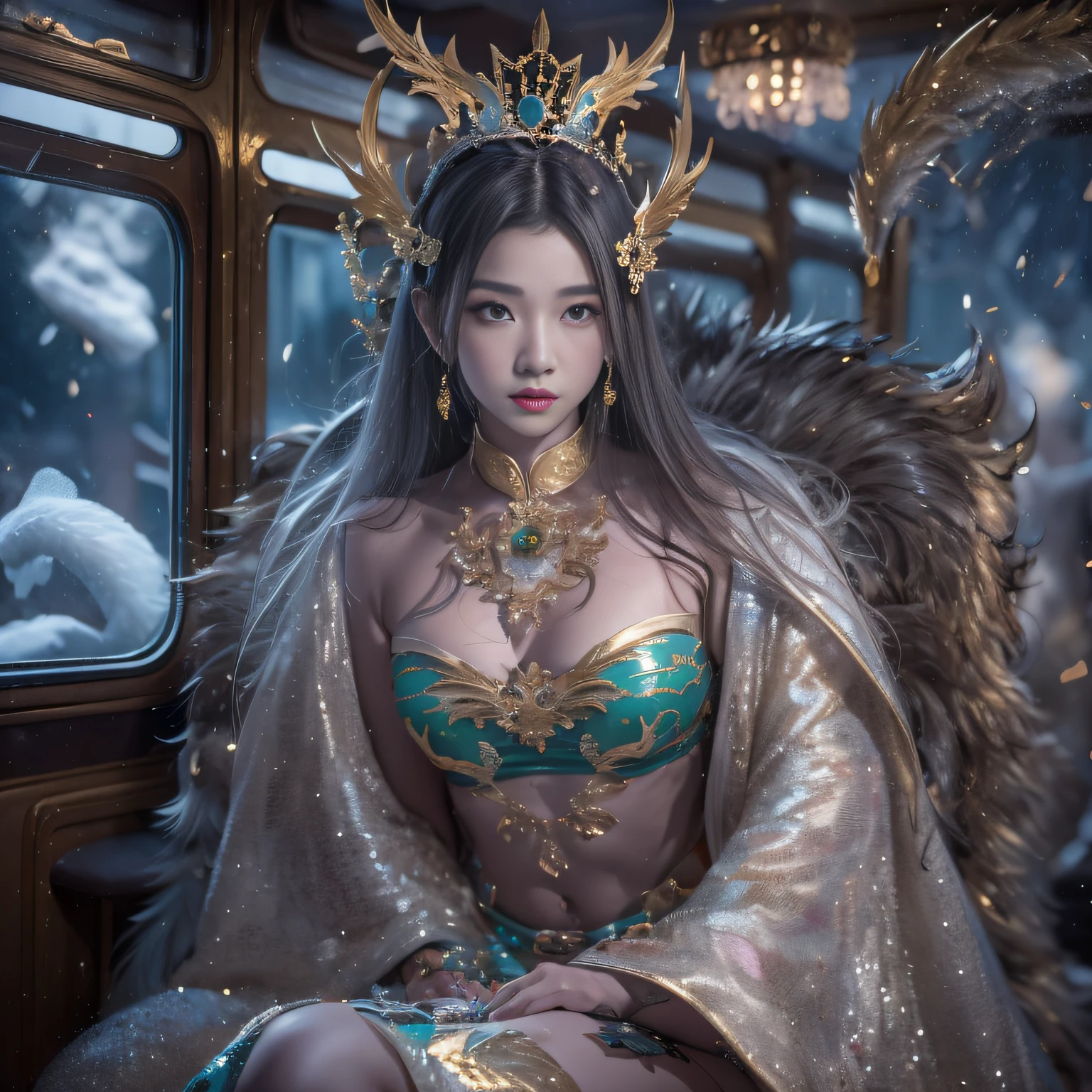 16k（tmasterpiece，k hd，hyper HD，16k）short detailed hair，Vintage train dining car area，Ice clear jade clean female Taoist ，Golden Dragon Protector （realisticlying：1.4），Python robe，Purple-pink tiara，Snowflakes fluttering，The background is pure， A high resolution， the detail， RAW photogr， Sharp Re， Nikon D850 Film Stock Photo by Jefferies Lee 4 Kodak Portra 400 Camera F1.6 shots, Rich colors, ultra-realistic vivid textures, Dramatic lighting, Unreal Engine Art Station Trend, cinestir 800，