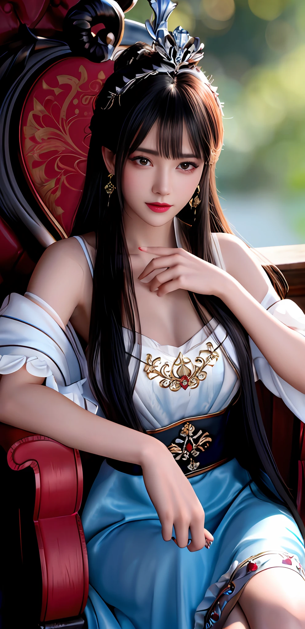 (realisticity: 1.2), best quality, 8K UHD, masterpiece, highres,cg,
1girl, queen, sword, sitting on a royal throne details, long hair details, wearing a beautiful and luxurious crown filled with diamonds details,
dress, solo, jewelry, red and blue dress details
, earrings,hair ornament details, splashing, upper body details, hair bun details, black hair details,
lighting,candid,Photograph,high resolution,4k,8k,Bokeh,