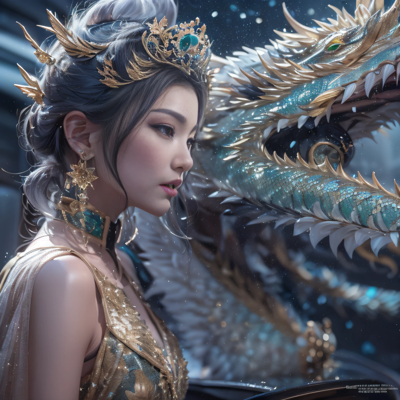 16k(tmasterpiece,k hd,hyper HD,16k)short detailed hair,Vintage train dining car area,Ice clear jade clean female Taoist ,Golden Dragon Protector (realisticlying:1.4),Python robe,Purple-pink tiara,Snowflakes fluttering,The background is pure, A high resolution, the detail, RAW photogr, Sharp Re, Nikon D850 Film Stock Photo by Jefferies Lee 4 Kodak Portra 400 Camera F1.6 shots, Rich colors, ultra-realistic vivid textures, Dramatic lighting, Unreal Engine Art Station Trend, cinestir 800,