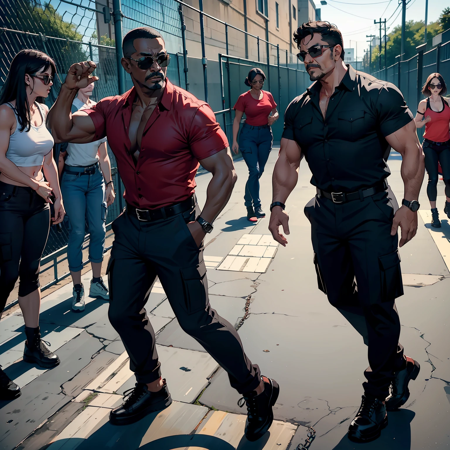Middle aged man, buff man, black short hair, aviators, happy, partially unbuttoned red shirt tucked into black cargo pants with two black belts and black boots, dancing outside prison, surrounded by female inmates wearing prison uniform, dancing with main character