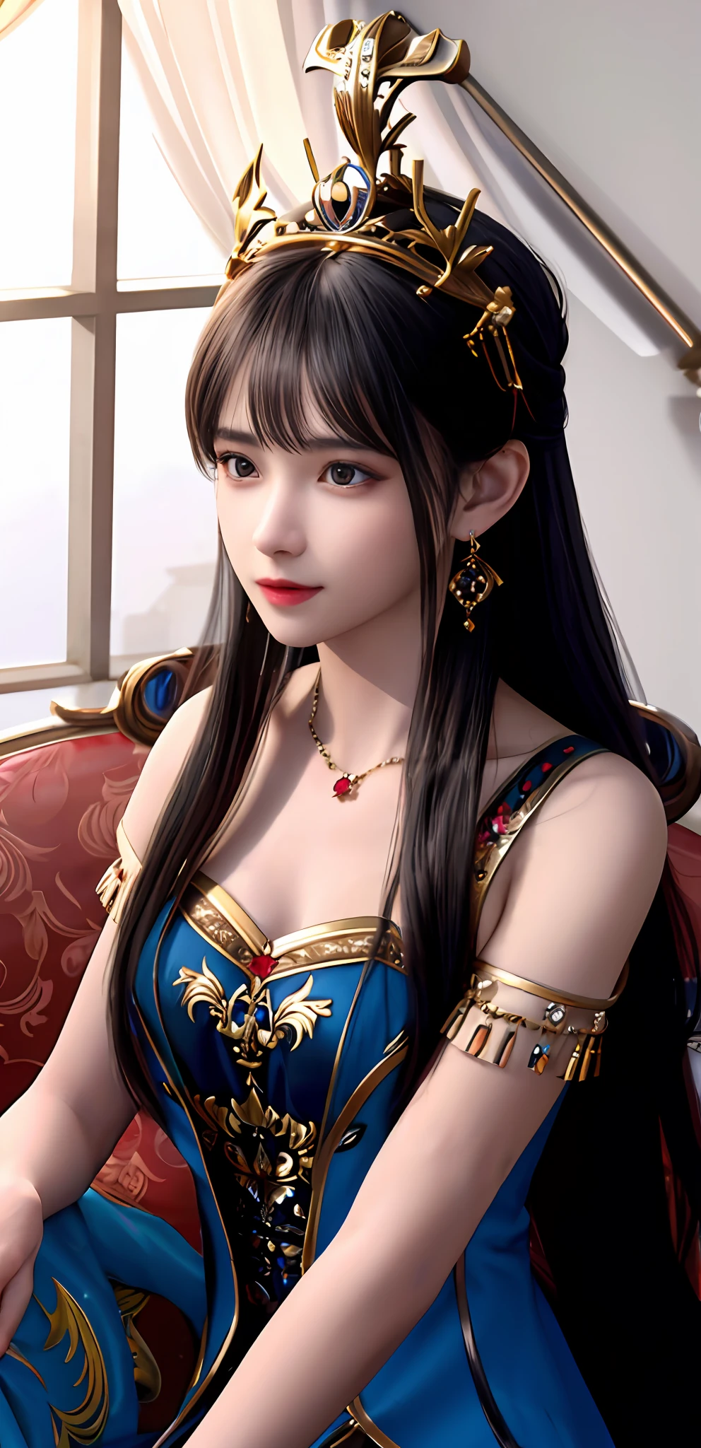 (realisticity: 1.2), best quality, 8K UHD, masterpiece, highres,cg,
1girl, queen, sword, sitting on a royal throne details, long hair details, wearing a beautiful and luxurious crown filled with diamonds details, 
dress, solo, jewelry, red and blue dress details

, earrings,hair ornament details, splashing, upper body details, hair bun details, black hair details,
lighting,candid,Photograph,high resolution,4k,8k,Bokeh,