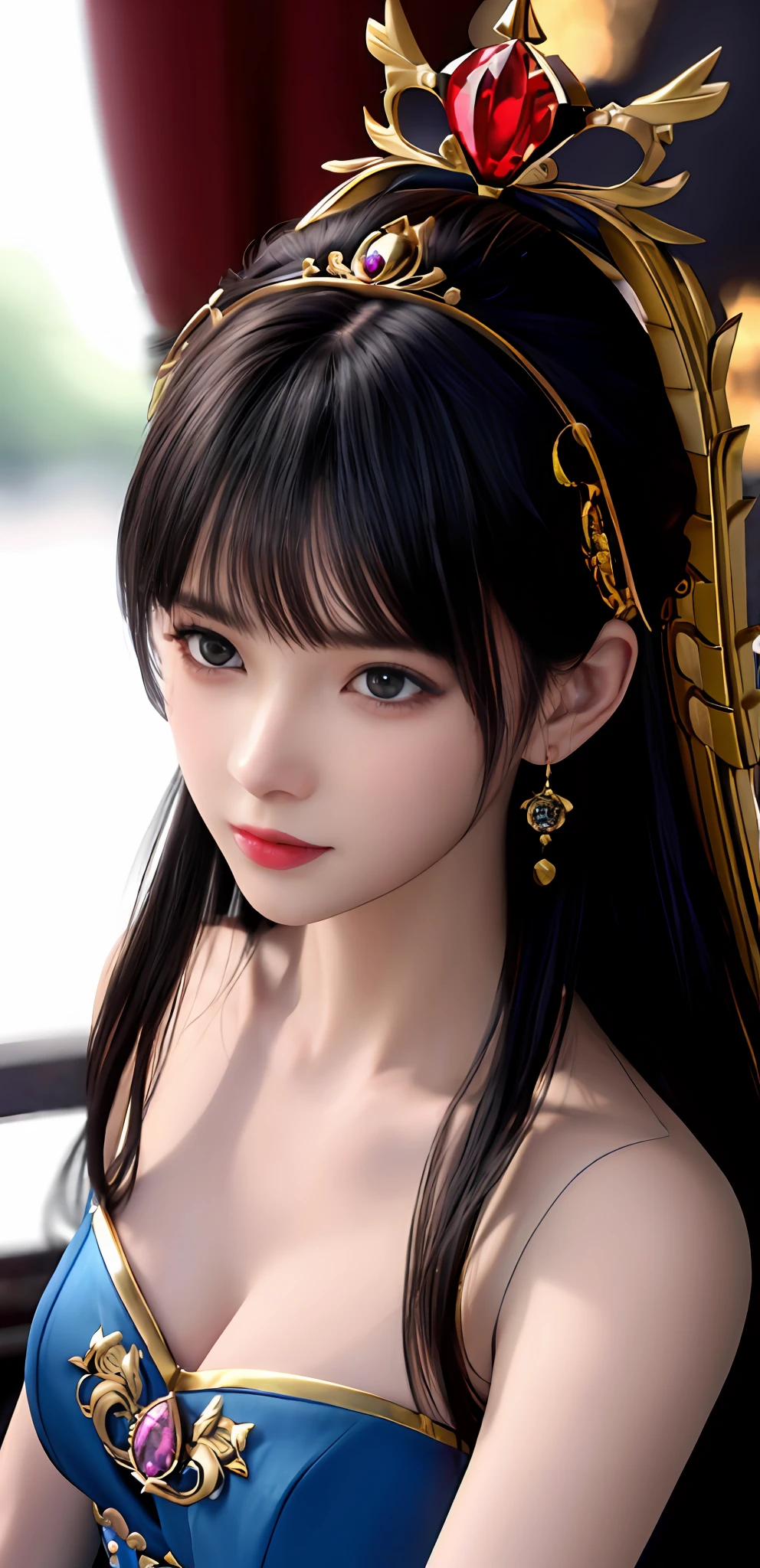 (realisticity: 1.2), best quality, 8K UHD, masterpiece, highres,cg,
1girl, queen, sword, sitting on a royal throne details, long hair details, wearing a beautiful and luxurious crown filled with diamonds details,
dress, solo, jewelry, red and blue dress details
, earrings,hair ornament details, splashing, upper body details, hair bun details, black hair details,
lighting,candid,Photograph,high resolution,4k,8k,Bokeh,