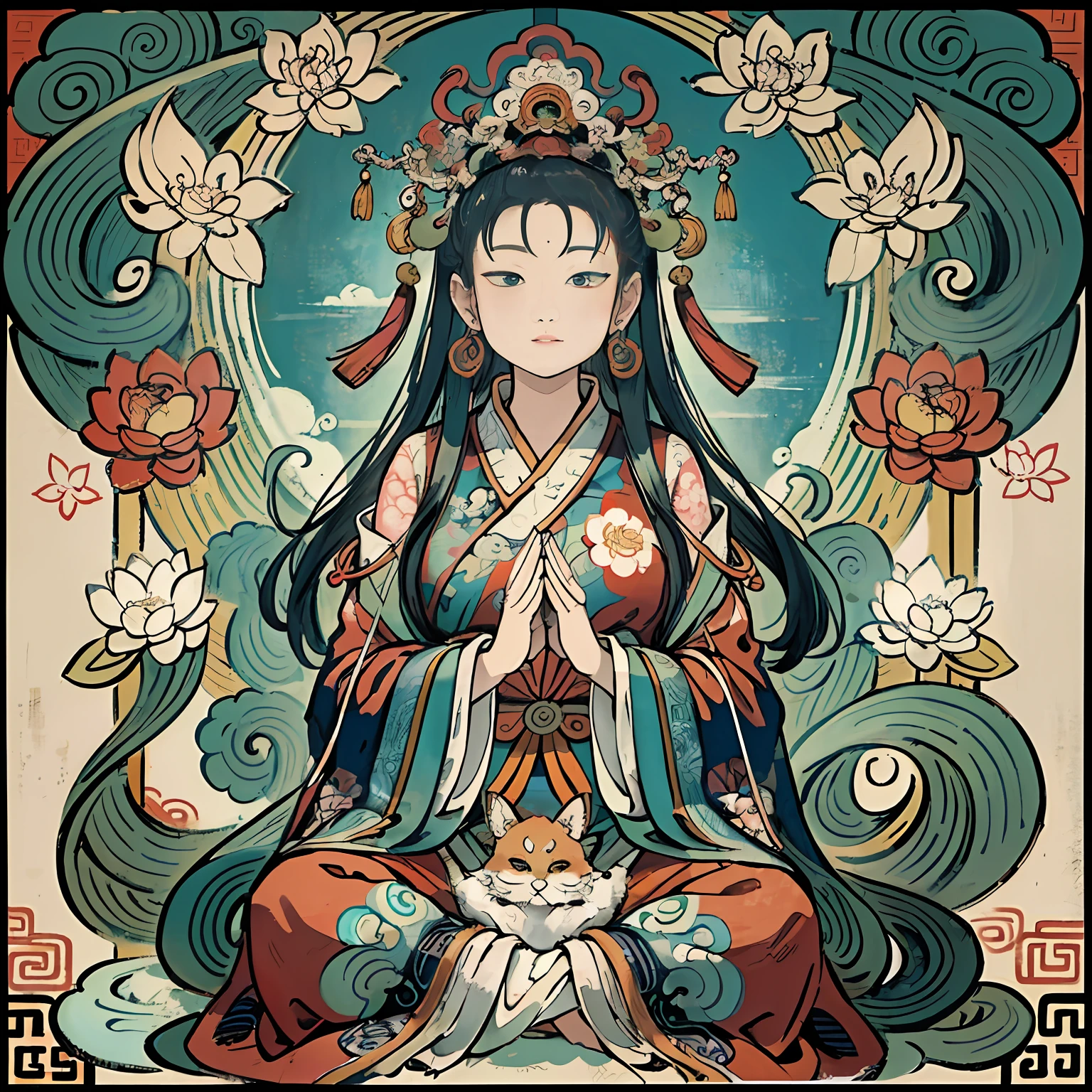 an ancient Chinese goddess, guanyin of the southern seas, Guanyin, Inspired by India, Avalokiteshvara,,Serene expression,shui mo hua,Buddha,Buddhist,Lotus,Chinese painting style,Thangka style