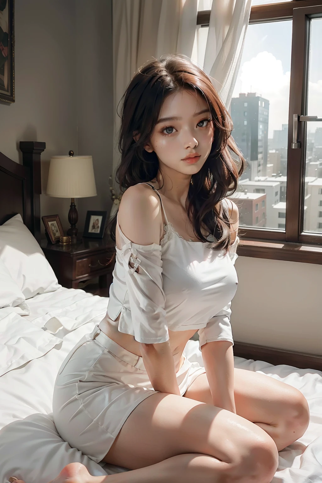 best qualtiy,tmasterpiece,超高分辨率,(真实感:1.4),RAW photogr,1girl,white dresses,cropped shoulders,blooming flower field,Glowing skin,Light smile(nilou_realistic)),((beauitful face)),(Lie down in bed:1.5), 1个Giant Breast Girl,(nabel),(Red long-haired,Double tail,a skirt,crop tops,longer sleeves),(full bodyesbian),(realisticlying:1.7),((best qualtiy)),absurderes,(超高分辨率),(realisticlying:1.6),realisticlying,rendering by octane,(Hyper-realistic:1.2),(photo-realistic face:1.2),(8k),(4k),(tmasterpiece),(realistic skin textures),(illustratio,cinmatic lighting,the wallpaper),(beautidful eyes:1.2),(((s the perfect face)))),(adolable),((looki at viewer)),inside in room,Bedrooms,vases,fresh flowers,sofe,decorations,Beds