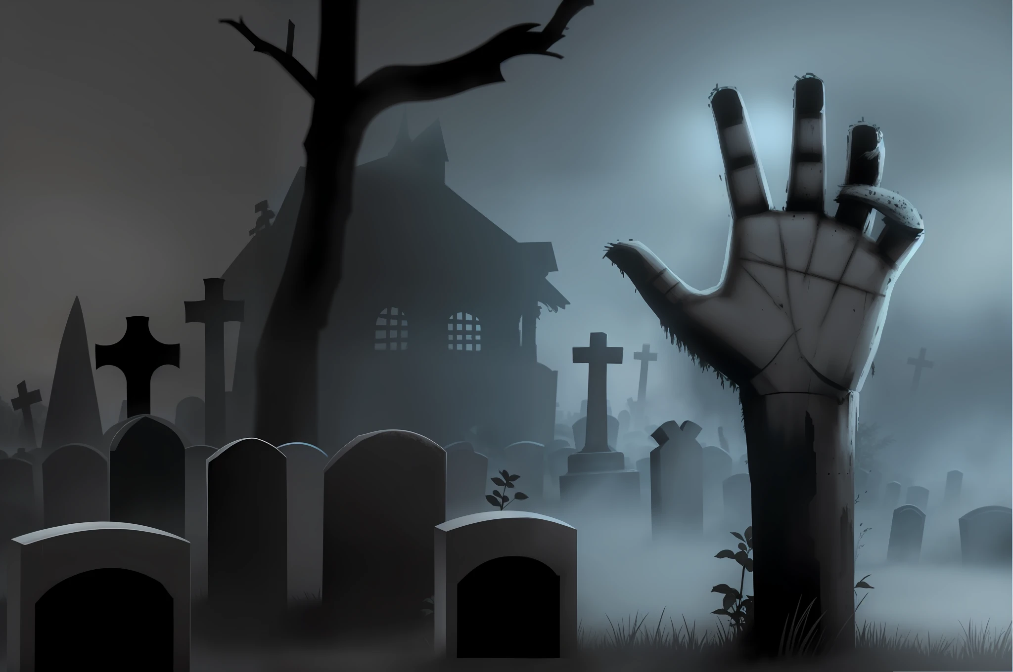 Hand held out from a grave in a cemetery, zombie coming out of a tomb, graveyard background, horror game graphics, fundo assombrado, Armas zumbis na frente, fundo assustador, haunted gravestones, Dark cemetery scene, graveyard, eerie nostalgic concept art, arte de fundo, jogo de terror, The Cemetery!!, tema de terror, [ jogo de terror ]