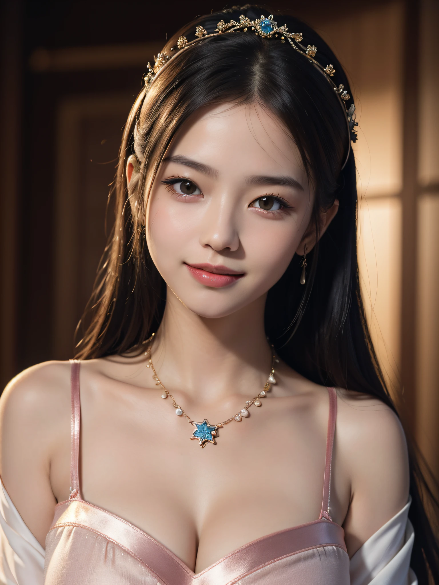 Superb Quality, Masterpiece, High Resolution, 1girl, Blush, (Seductive Smile: 0.8), Star Pupil, Chinese Hanfu, Hair Accessories, Necklace, Jewelry, Beauty, on_body, Tyndall Effect, Realism, Shadow Room, Light Edge, Two-tone Lighting, (High Detail Skin: 1.2), 8K UHD, DSLR, Soft Light, High Quality, Volume Lighting, Candid Photo, High Resolution, 4K, 8K, Background Bokeh, Big Breasts