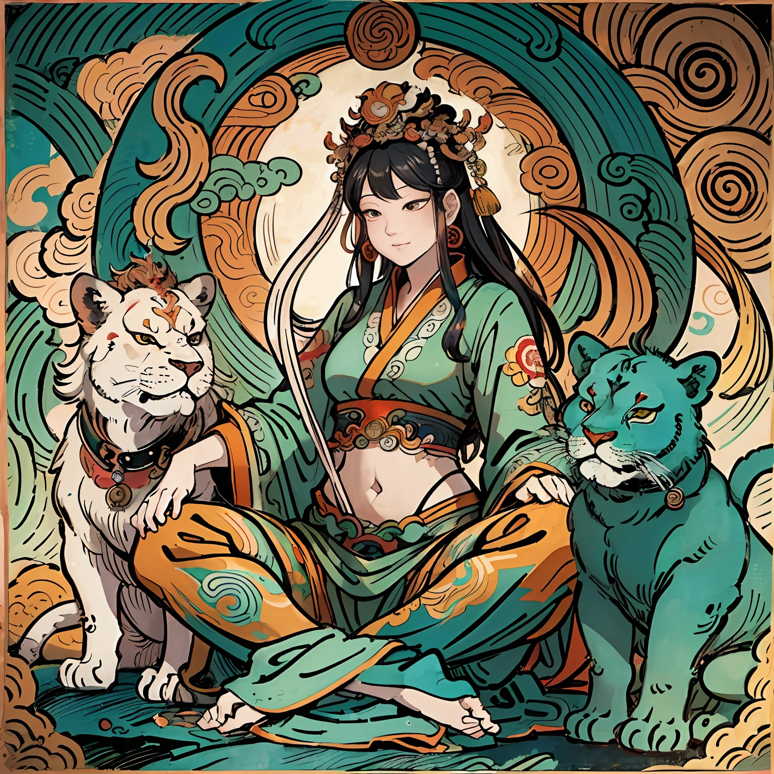 an ancient Chinese goddess, guanyin of the southern seas, Guanyin, Inspired by India, Avalokiteshvara rides a lion，,Serene expression,shui mo hua,Buddha,Buddhist,Lotus,Chinese painting style,Thangka style
