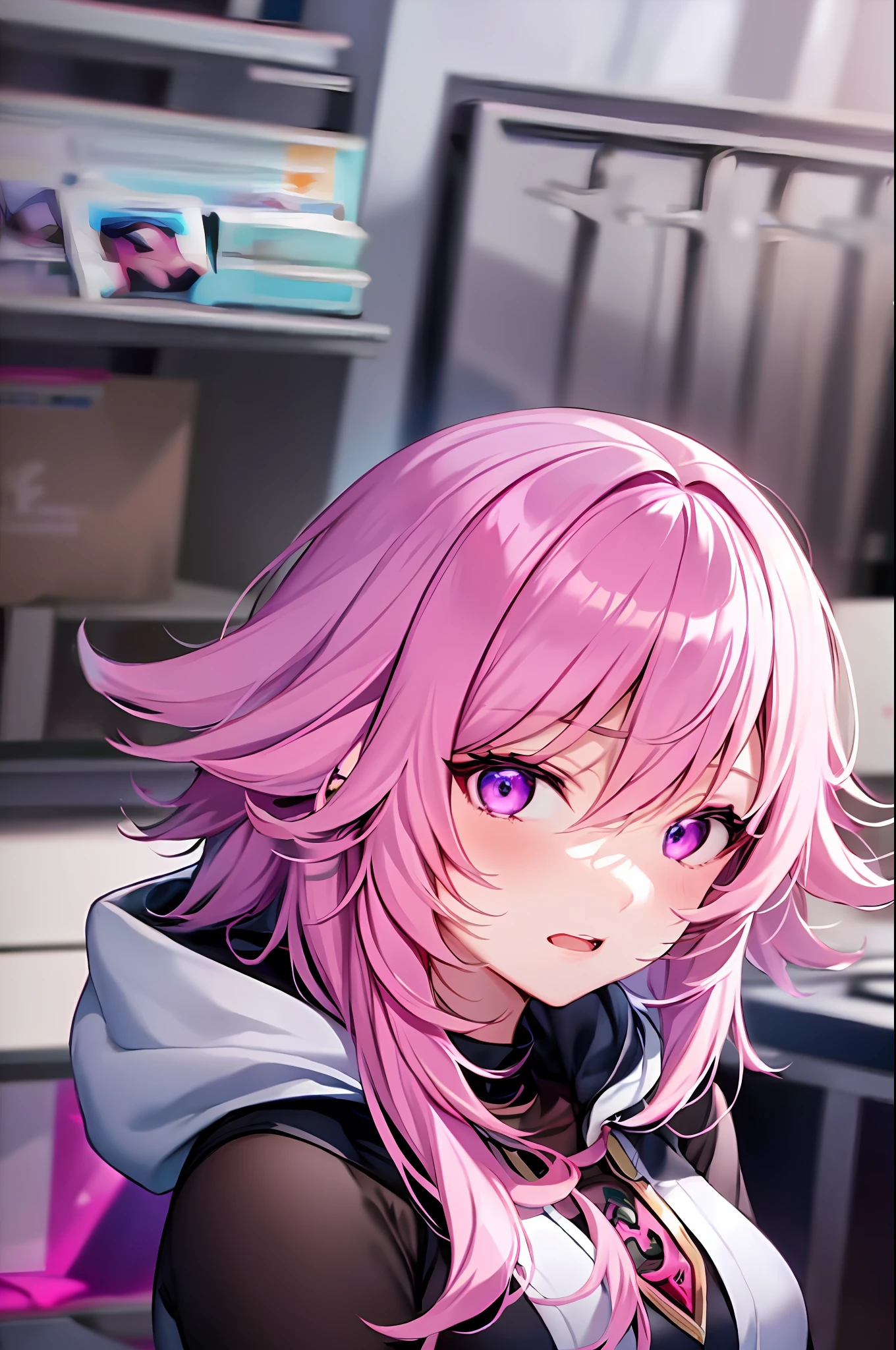 Yae miko  pink hair and purple eyes in a black hoodie, anime visual of a cute girl, screenshot from the anime film, & her expression is solemn, ahegao face, in the anime film, in an anime, anime visual of a young woman, she has a cute expressive face, still from anime