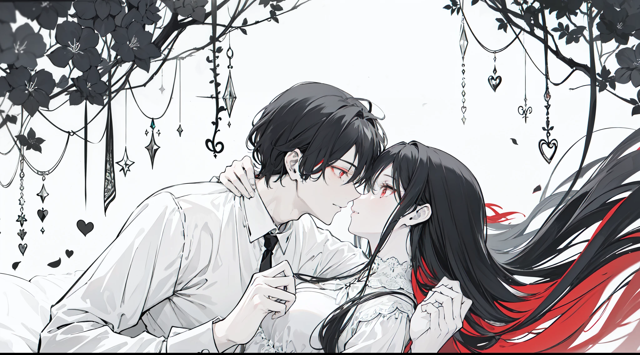 "4k monochromatic romantic fantasy scene: mature couple embracing tenderly. The man with black hair and blue eyes, and the woman with elegantly long black hair and mesmerizing red eyes. (Monochromatic:1:1, ultra hd, 4k)"