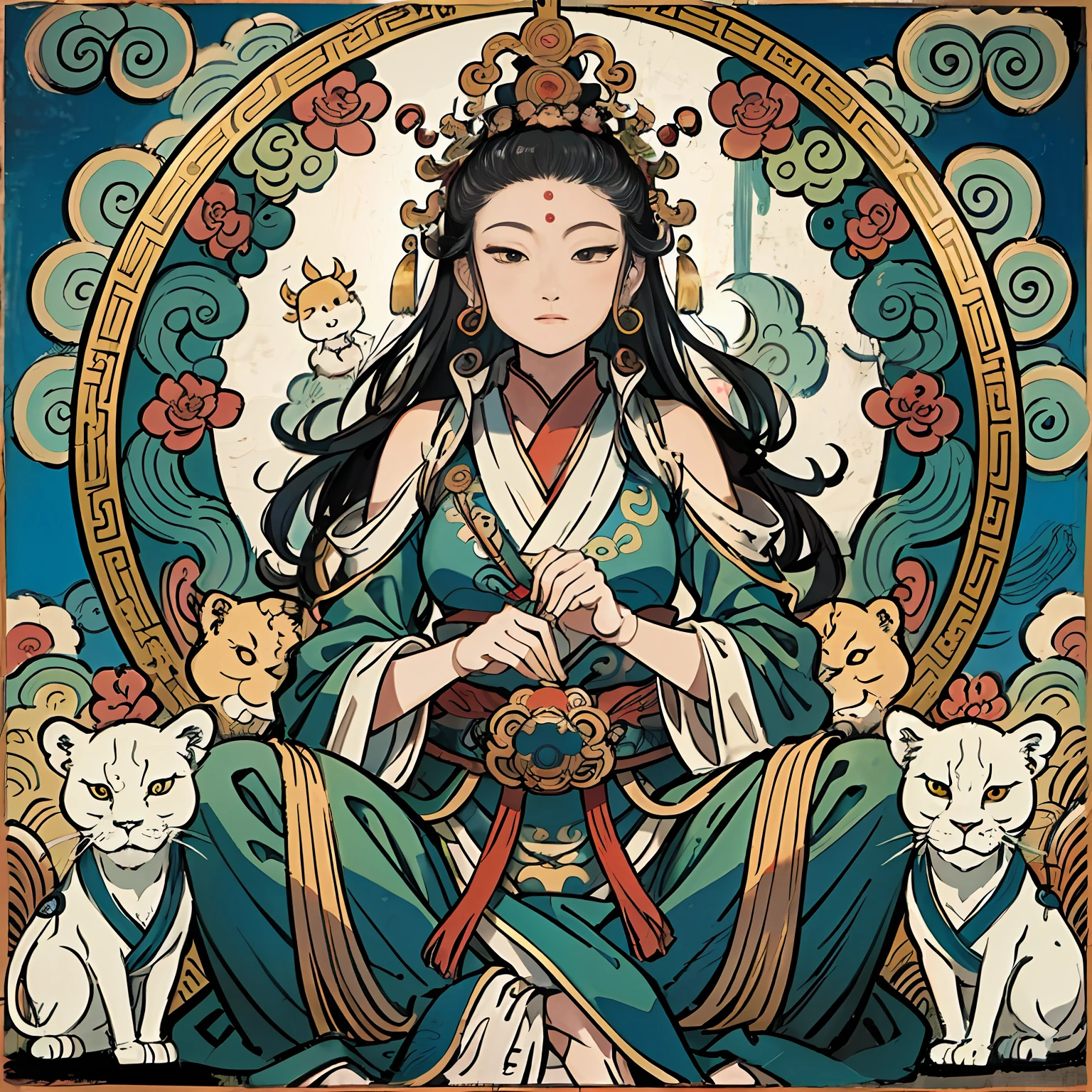an ancient Chinese goddess, guanyin of the southern seas, Guanyin, Inspired by India, Avalokiteshvara rides a lion,,Serene expression,shui mo hua,Buddha,Buddhist,Lotus,Chinese painting style,Thangka style
