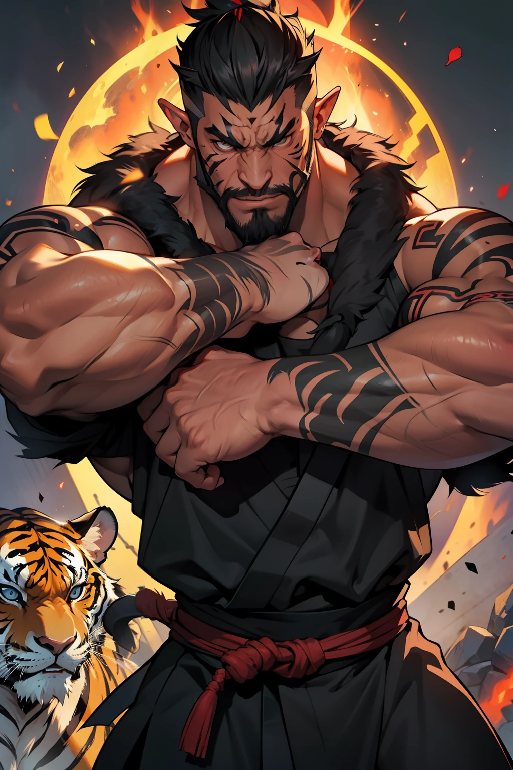 The facial features are clear and three-dimensional，Masterpiece，Highest quality，Male orcs，Black back，strong，Berserk Tiger，martial art，Berserker，Japan Judo，tigre，rose tattoo，The demons，belve，Facial hair