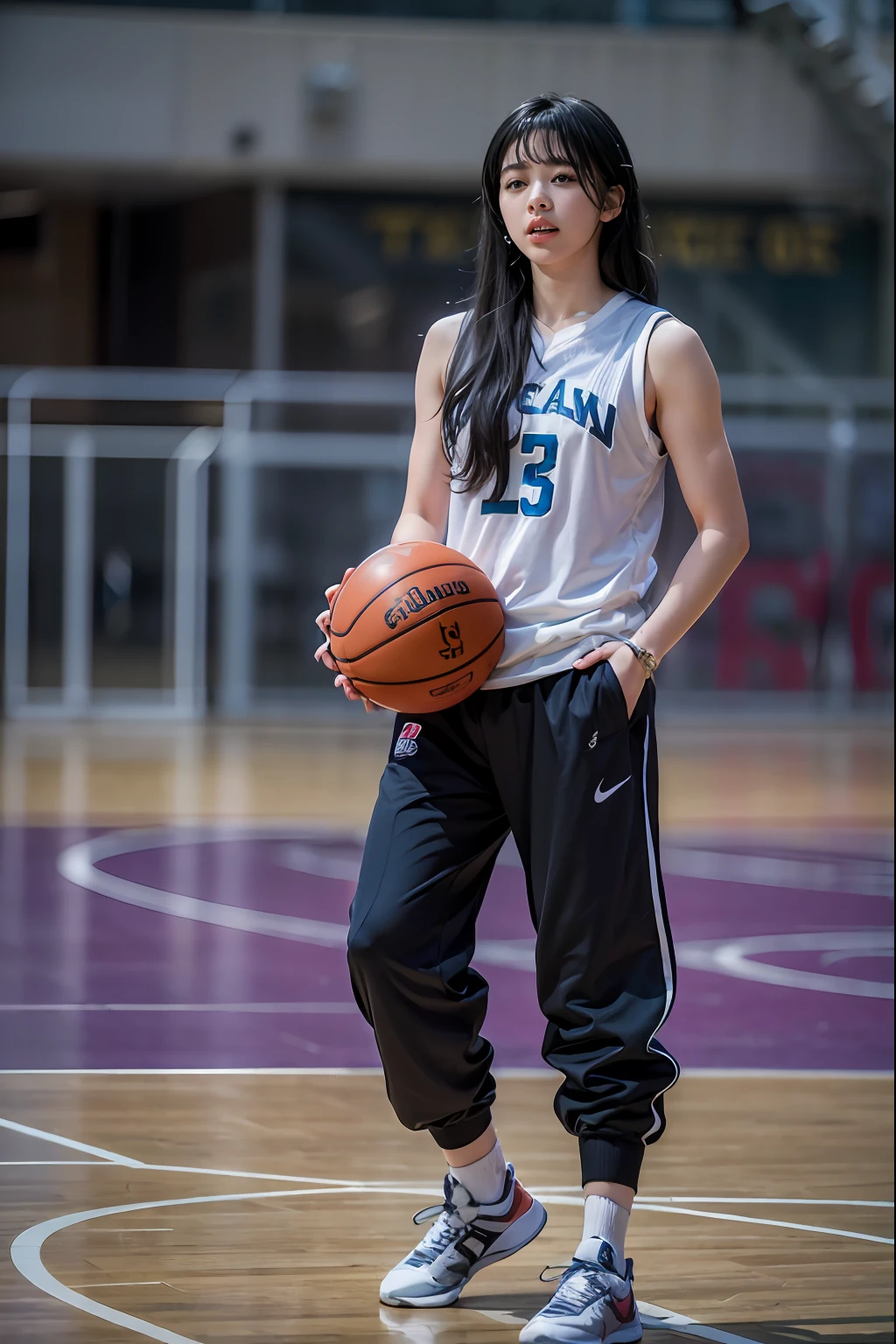 (8k, best quality, masterpiece:1.2), (realistic, photo-realistic:1.37), ultra-detailed,best quality, ultra high res, professional lighting, photon mapping, radiosity, physically-based rendering, cinematic lighting, basketball court,depth of field, sharp focus,sunbeam, good composition,(bokeh:1.2) 1girl,solo,(full body), (closed mouth),beautiful detailed eyes, pose, narrow waist,basketball uniform, black hair,messy hair,long hair floating in wind,(ulzzang-6500:1.2)
mix4, hiqcgbody