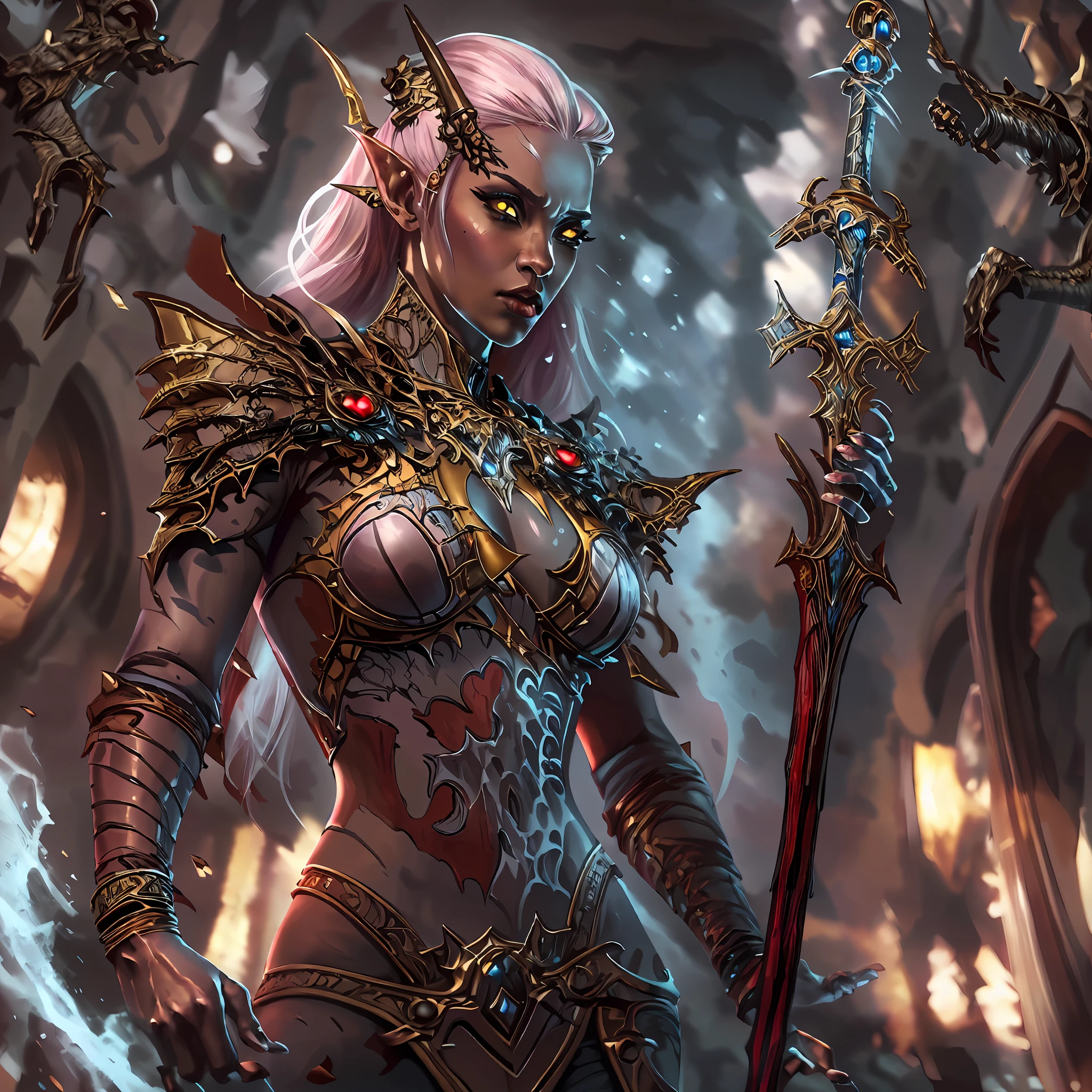 high details, best quality, 8k, [ultra detailed], masterpiece, best quality, (extremely detailed), dynamic angle, ultra wide shot, RAW, photorealistic, fantasy art, dnd art, rpg art, realistic art, a wide angle picture of an epic female elf, arcane warrior, warrior of magic, fighter of the arcana, full body, [[anatomically correct]] full body (1.5 intricate details, Masterpiece, best quality) casting a spell (1.5 intricate details, Masterpiece, best quality), casting an epic spell, [colorful magical sigils in the air],[ colorful arcane markings floating] (1.6 intricate details, Masterpiece, best quality) holding an [epic magical sword] (1.5 intricate details, Masterpiece, best quality) holding epic [magical sword glowing in red light] (1.5 intricate details, Masterpiece, best quality). in fantasy urban street (1.5 intricate details, Masterpiece, best quality), a female beautiful epic elf wearing elven leather armor (1.4 intricate details, Masterpiece, best quality), high heeled leather boots, ultra detailed face, small pointed ears,  thick hair, long hair, dynamic hair, fair skin intense eyes, fantasy city background (intense details), sun light, backlight, depth of field (1.4 intricate details, Masterpiece, best quality), dynamic angle, (1.4 intricate details, Masterpiece, best quality) 3D rendering, high details, best quality, highres, ultra wide angle