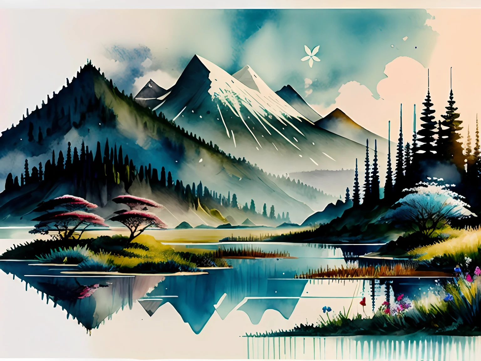blue backdrop,water ink, Rural landscape,apple trees,wildflowers,Grass