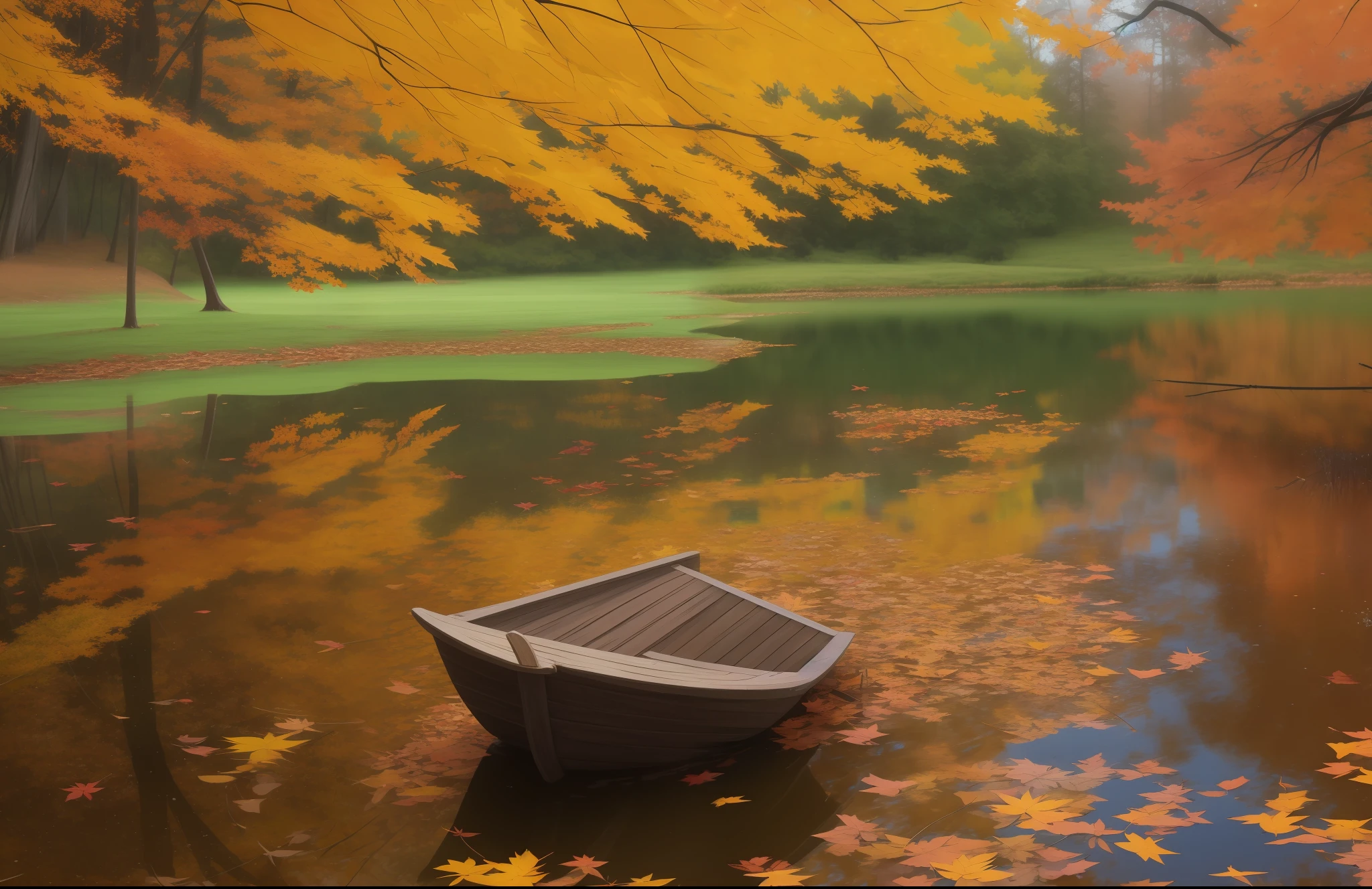 A baby dragon drinks on the shores of a large glittering lake，Maple leaves falling in autumn all around the body