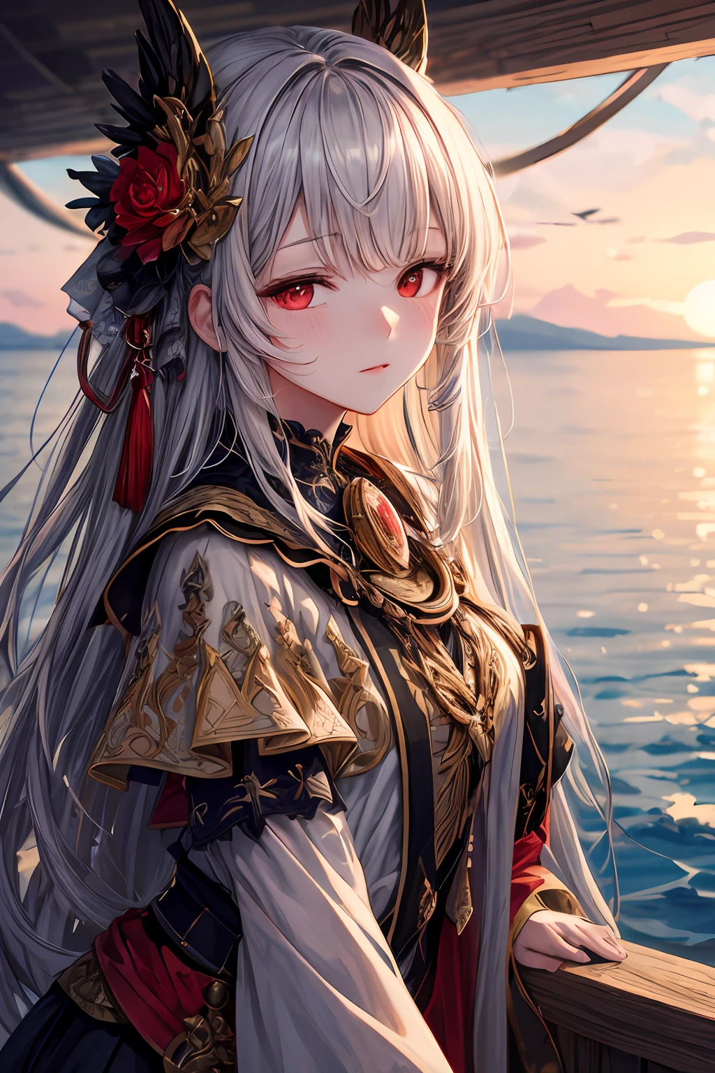 beautiful detailed illustration, amazing art, (((Extremely detailed))), absurdres, looking at viewer, solo, sea, bangs, red eyes, half-closed eyes, depth of field, masterpiece, best quality,
healthy skin tone, blush