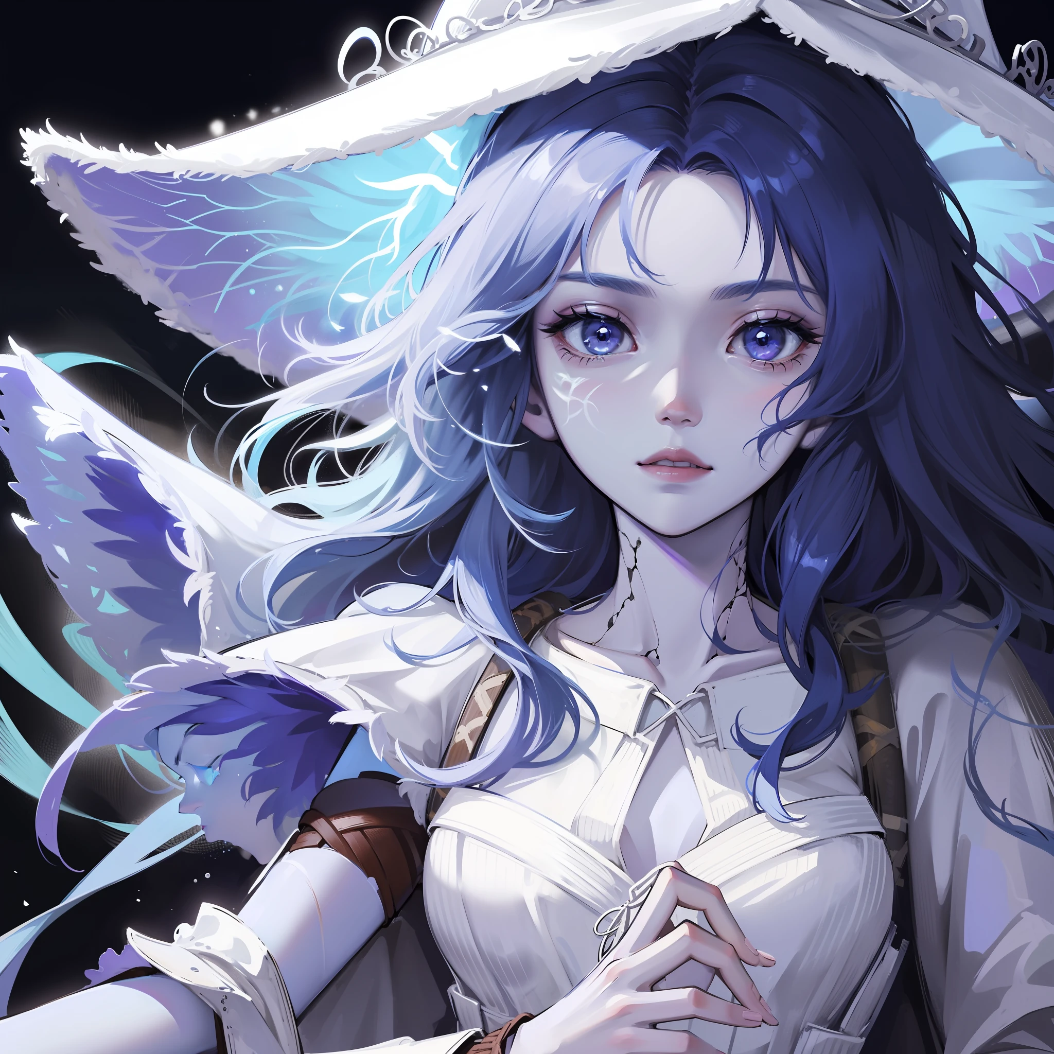 Solo woman, very large white witch hat, light blue skin, serious face, purple eyes, blue hair, fur coat, white dress, focused on face, face only, profile picture