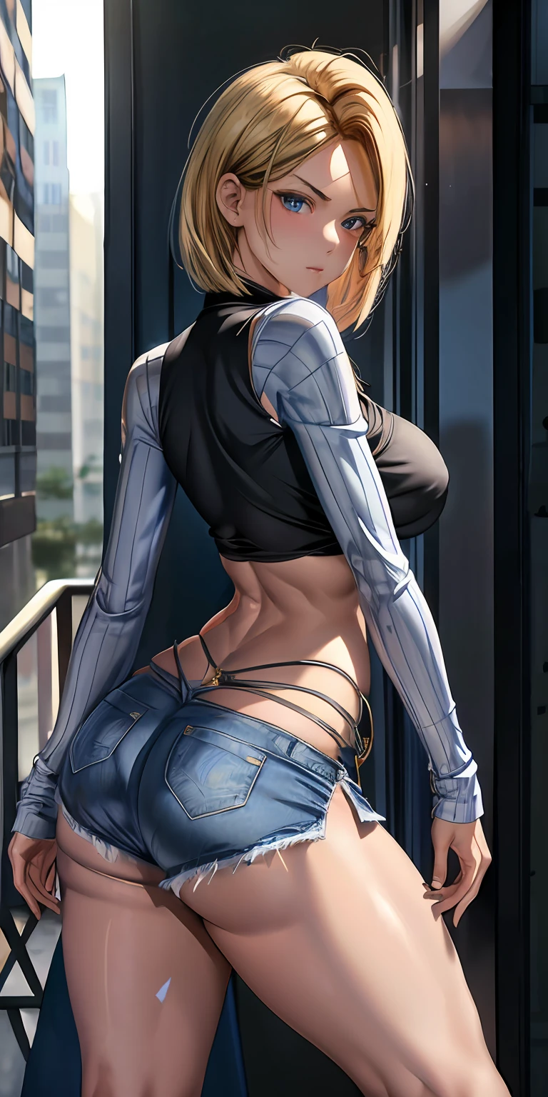 unparalleled masterpiece, ultra realistic 8k CG, perfect artwork, (1girl:1.1) , solo, ((perfect female figure)), (nsfw), looking at viewer, mature female, bimbo (android 18) standing, (teasing), best quality:1.1 , seductive posture, sexy pose, alluring, (beautiful), (curvy), (thick), blonde hair, (blue eyes:1.2), short hair, earrings, jewelry, denim vest, open vest, black pantyhose, black shirt, denim skirt, striped long sleeves, blue skirt, toned legs, fit, (abs:1.1), (big butt:1.4), peach ass, (athletic body:1.2), (large breasts:1.3, (big_breasts:1.1), wide_hips:1.5, narrow waist, small waist:1.5, slender body:1.2, thick thighs:1.3), (shiny skin:1.2), (hdr), (street:1.2), Nikon D850 film stock photograph Kodak Portra 400 camera f1.6 lens, rich colors, lifelike texture, dramatic lighting, unreal engine, trending on ArtStation, by Gerald Brom, by Frank Frazetta, by Luis Royo, by Julie Bell, by Boris Vallejo