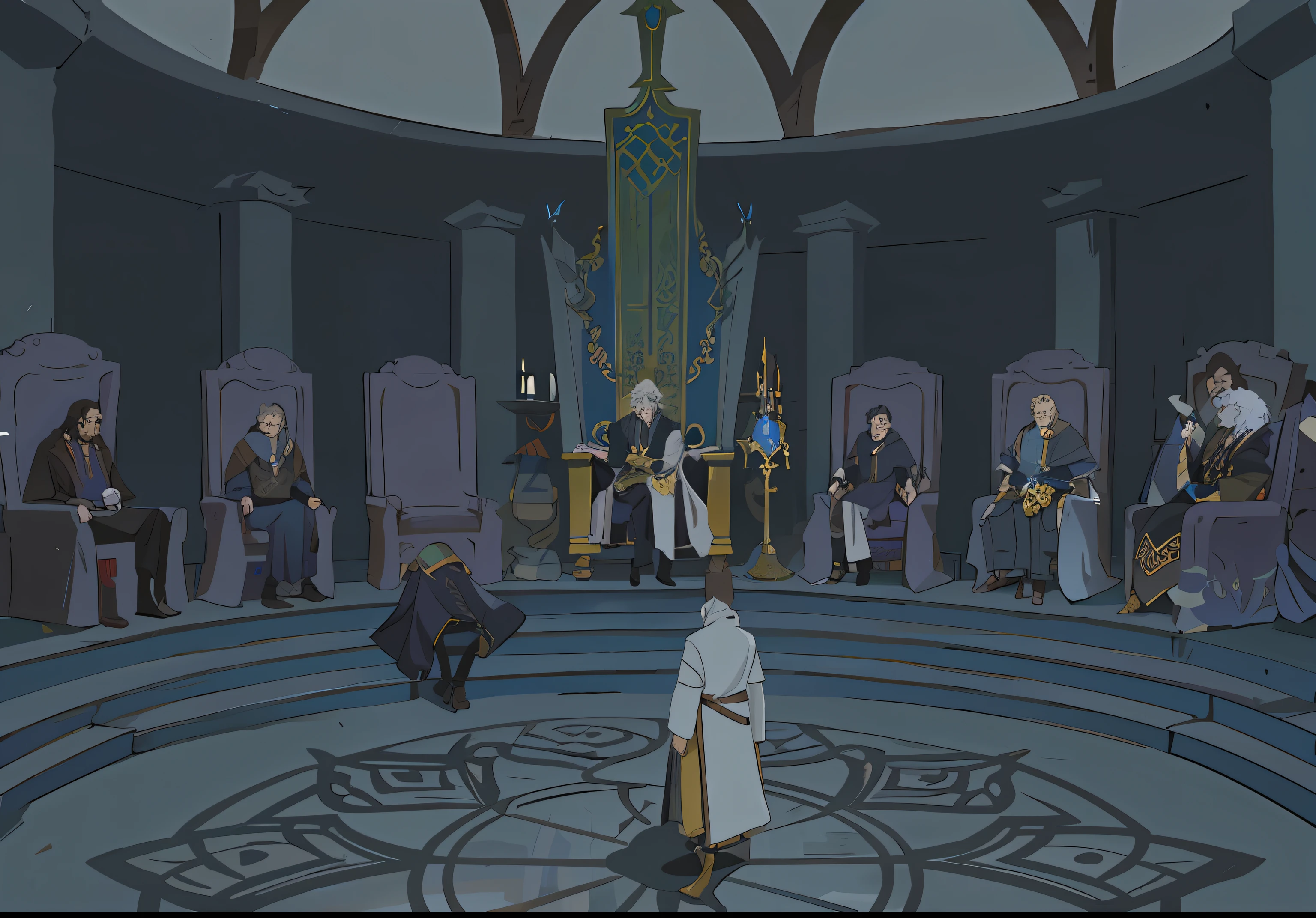 Caricature of a man standing on a throne surrounded by people, in a throne room, tales of earthsea, rpg scene, anime scene, sitting on obsidian throne, Throne Room, video game cutscene, fantasy movie still, cinematics, lying a throne in a fantasy land, In animated films《Ergo Agent》curly, anime movie scene,Toplight