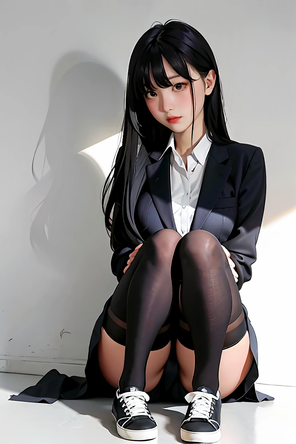 Pretty high school girls with hair wearing short suits and skirts, black silk tights, breasts, canvas shoes