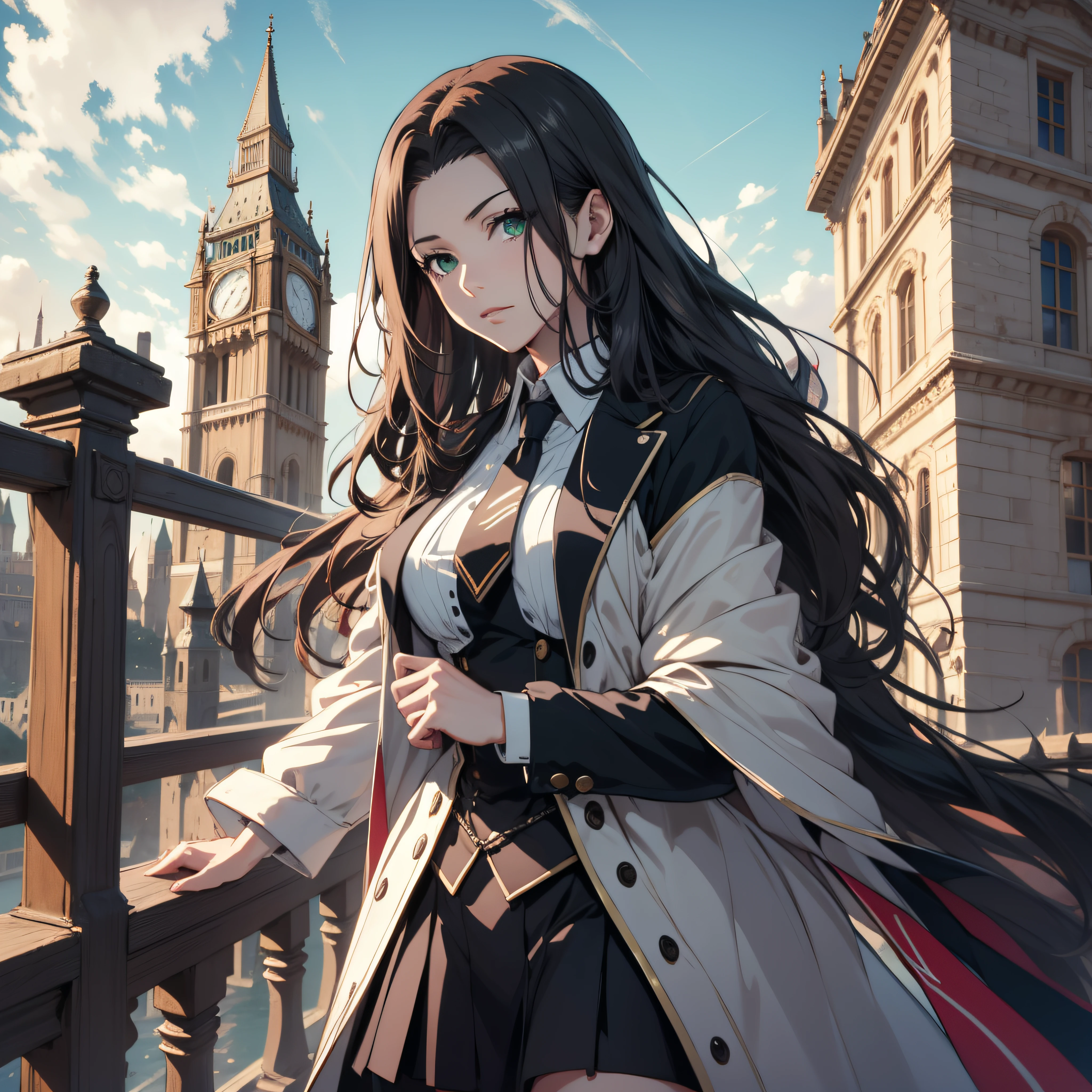 (best quality, masterpiece, ultra-detailed, extremely detailed, highres), (1girl, single, solo), 18 years old Anime girl, long raven hair, slightly wavy hair, parted bangs, Magus, green eyes, long black coat, necktie, white shirt, black skirt, aristocrat, noble attire, beautiful, ethereal, elegant, prestigious, classic, royal building