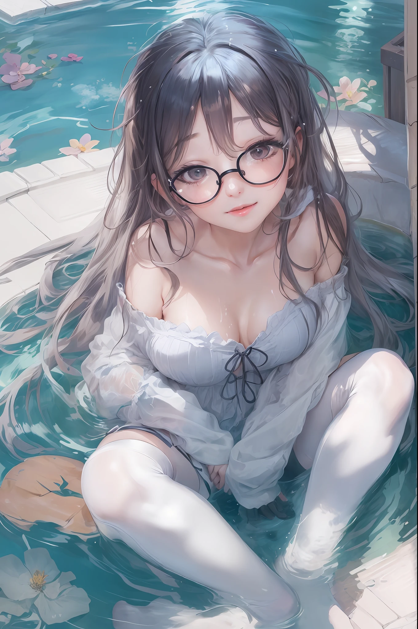 shoujo glasses long hair full body white stockings seductive anime girl exposed chest sitting in water wet all over open legs bright weather sunny weather