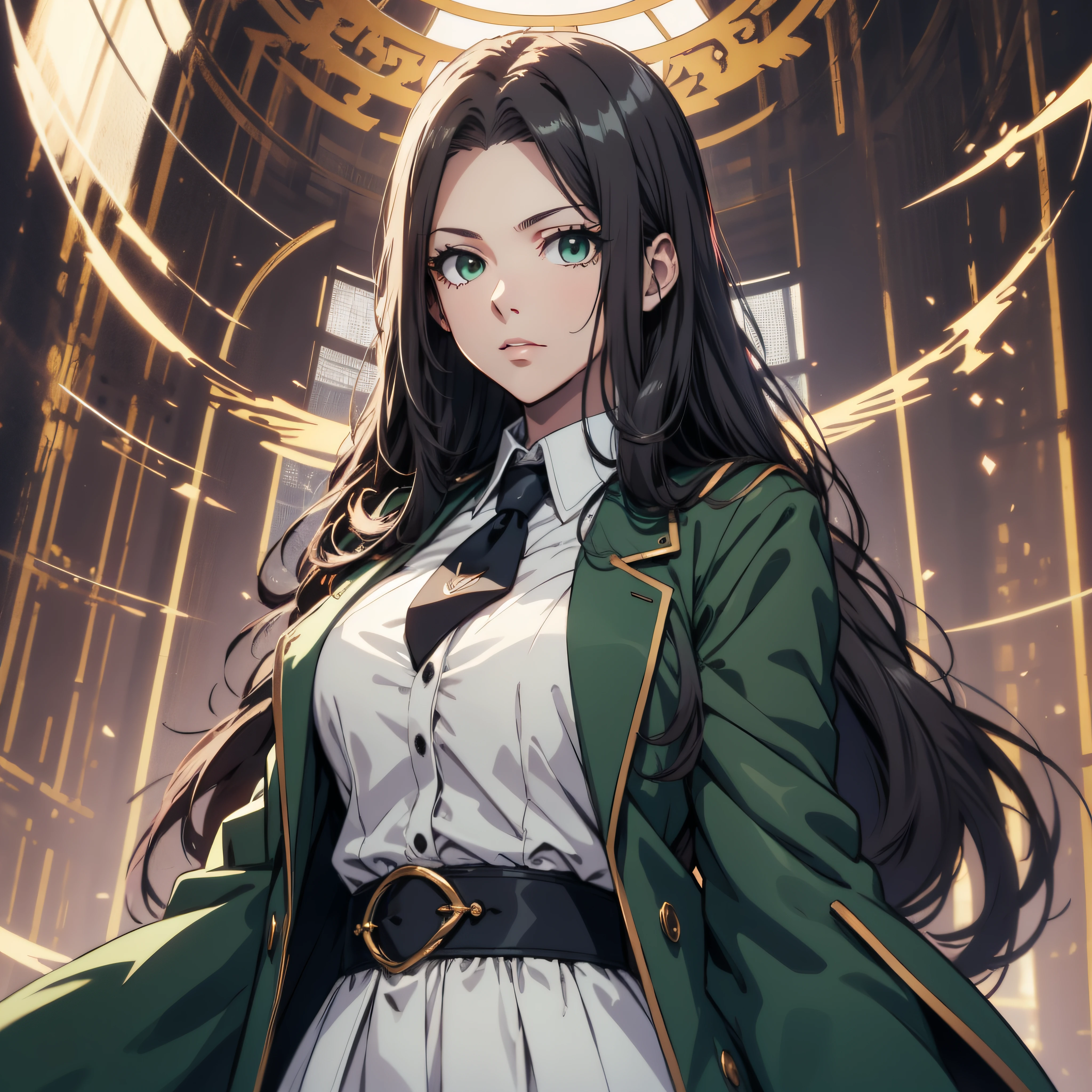(best quality, masterpiece, ultra-detailed, extremely detailed, highres), (1girl, single, solo), 18 years old Anime girl, long raven hair, slightly wavy hair, parted bangs, Magus, green eyes, long black coat, necktie, white shirt, black skirt, aristocrat, noble attire, beautiful, ethereal, elegant, prestigious, classic, royal building