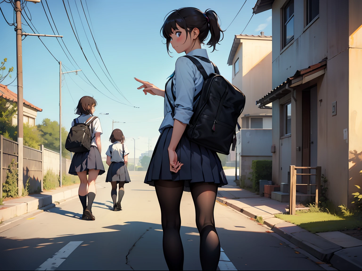 girls,Sideways,looking back at the camera,beckon,Walk,Show the whole body