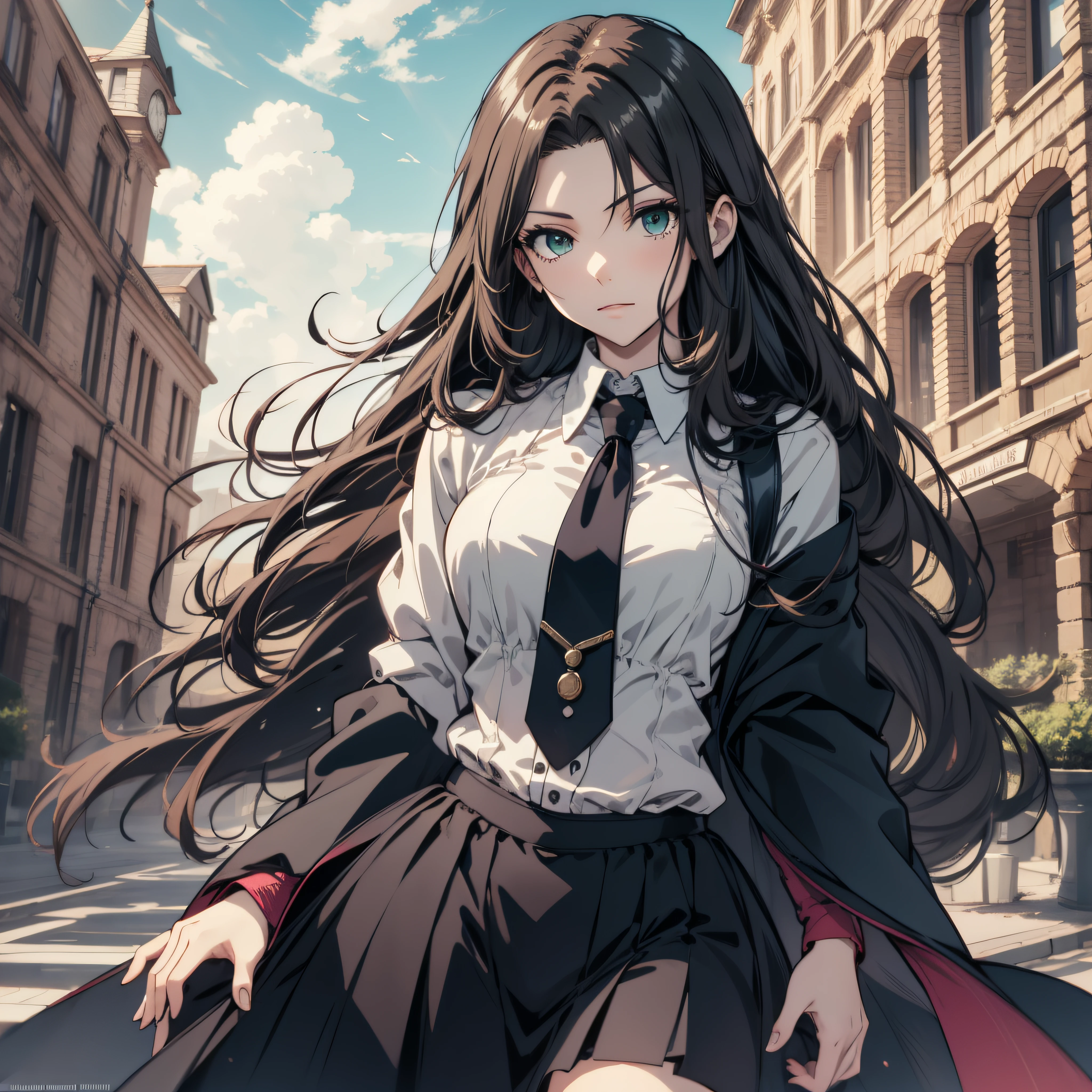(best quality, masterpiece, ultra-detailed, extremely detailed, highres), (1girl, single, solo), 18 years old Anime girl, long raven hair, slightly wavy hair, parted bangs, Magus, green eyes, long black coat, necktie, white shirt, black skirt, aristocrat, noble attire, beautiful, ethereal, elegant, prestigious, classic, royal building