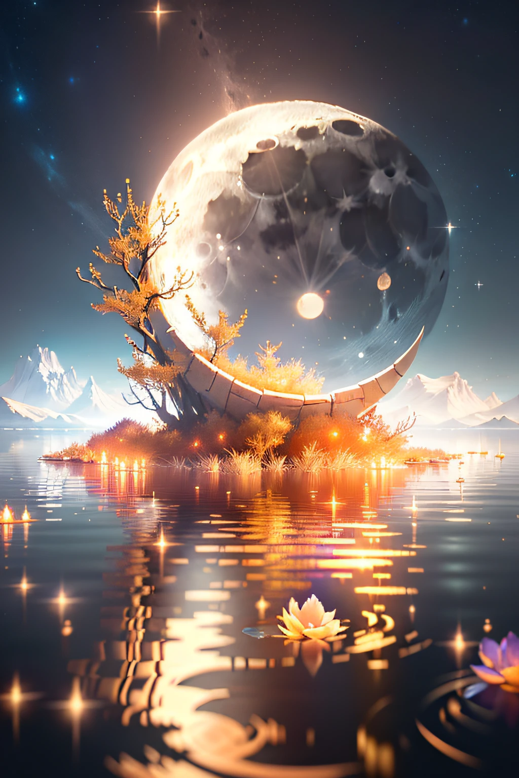 There is a moon floating in the water, fantasy style 8 k octane render, (rendering by octane) Fantasy style, refracted moon sparkles, big moon above the water, stuning fantasy 3 d render, float under moon light at night, calm evening. Digital illustration, moon shining golden light, beautiful octane render, fairy fruit. rendering by octane, Beautiful digital artwork