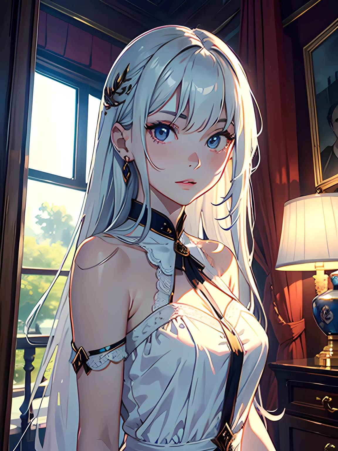 femele,goddes,inside in room,liveroom,Works of masters,Higher quality,high detal,超高分辨率,8K分辨率,exquisite facial features,s the perfect face,Glowing skin,bust,long whitr hair,Summer dress,sick,face drawn and pale