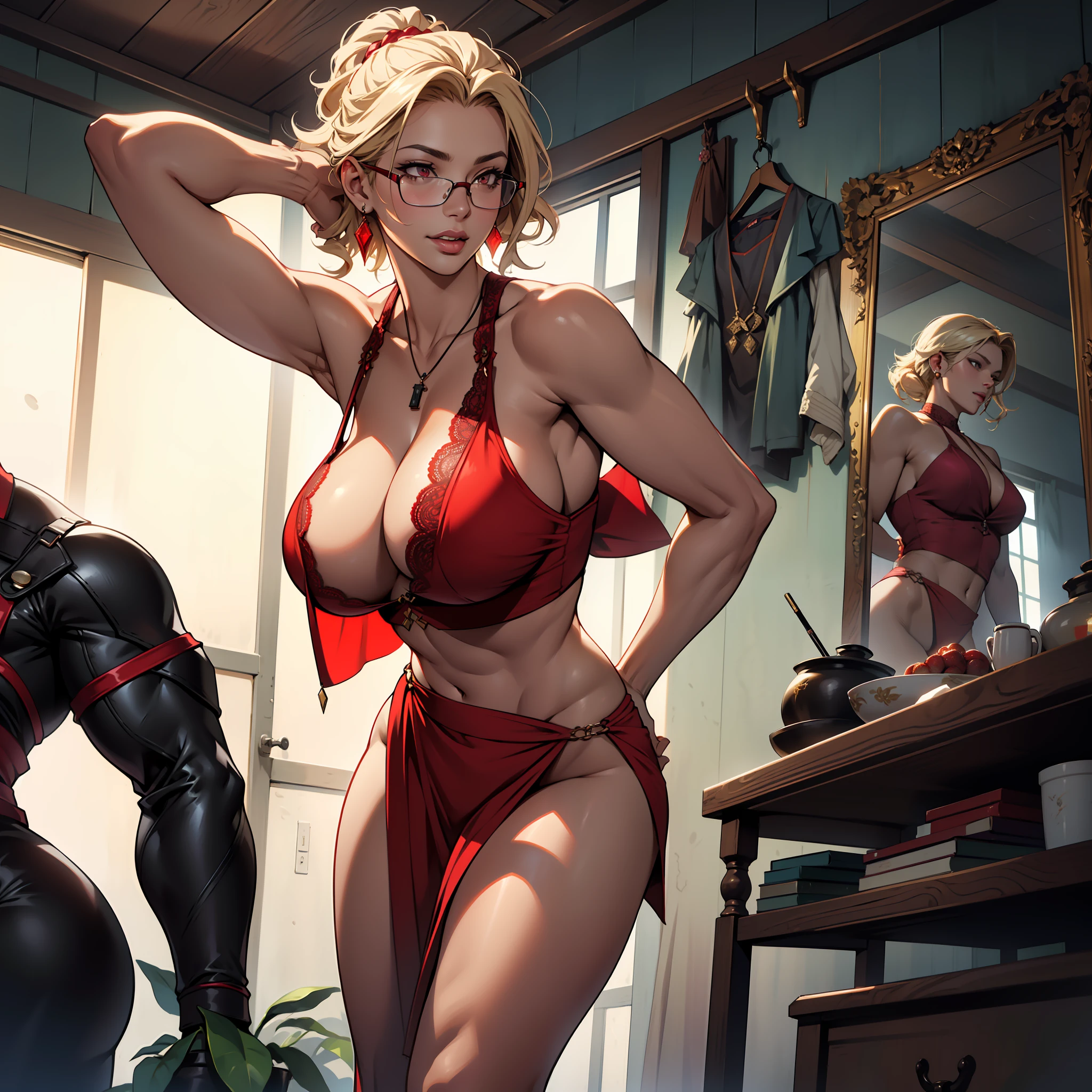 独奏,(:1.3),thick thight,upper legs,Wide buttock,dent in the skin,short detailed hair,Blonde curly hair,erected ,dress room,ssmile,Love glasses ,Leaning in ,Vaginal exposure ,omao,pubes,cheerfulness,(Red lace three-point lingerie:1.2),cparted lips,plumw,exposed midriff,protruding areolas,gigantic cleavage breasts,4K,realistic humid skin,Armpits,Large curved hips,very big tongue out,Fleshy figure,with perfect legs,Hypertrophic,protruding areolas,Hypertrophic,crouched,a dark tanned skin,Bronzed skin,Detailed lips,bubble butt,Breasts are larger than the torso,Crazy swollen breasts,otherworld background,Koreainsta Goddess,Realistic fantasy rendering,Forced hair,photorealistic anime girl rendering,Faraway view,(full-body portraits:1.4),(:1.5),(Exaggerated body proportions),(Nine-headed body),Wear a delicate earring pendant,The chest is exposed from it,a plump buttocks,slender leg,Thick thighs,(Wear a red transparent kimono), camel-toe,rendering by octane, (Unbeatable masterpiece, ultra realistic 8k cg, dramatics, Ray traching, hdr:1.2), (best qualtiy), fanciful, atmospurate, extremely detaile, iintricate, Hyper-detailing, glaring lights, (mirror lighting: 1.4), (photorealiscic face: 1.2), (dent in the skin: 1.3), (1 rapariga: 1.4),Bright red lip gloss,stretch open