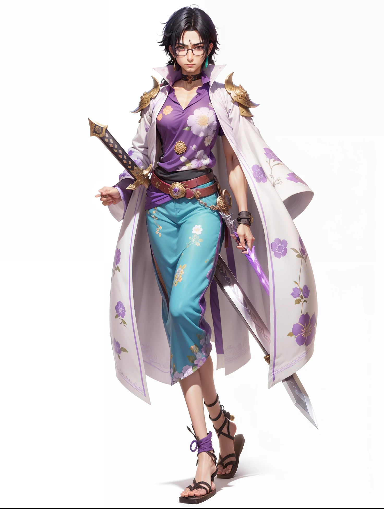 tashigi/black hair,have sword and eye glasses very detailed,purple floral shirt very detailde,realistik