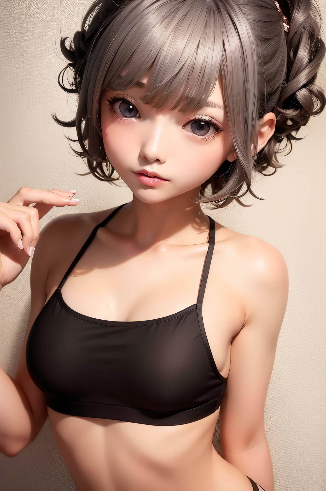 Warm color scheme、Sexy girl breasts 、tiny body、abdominals、short curly hair of silver color、upper body、View here