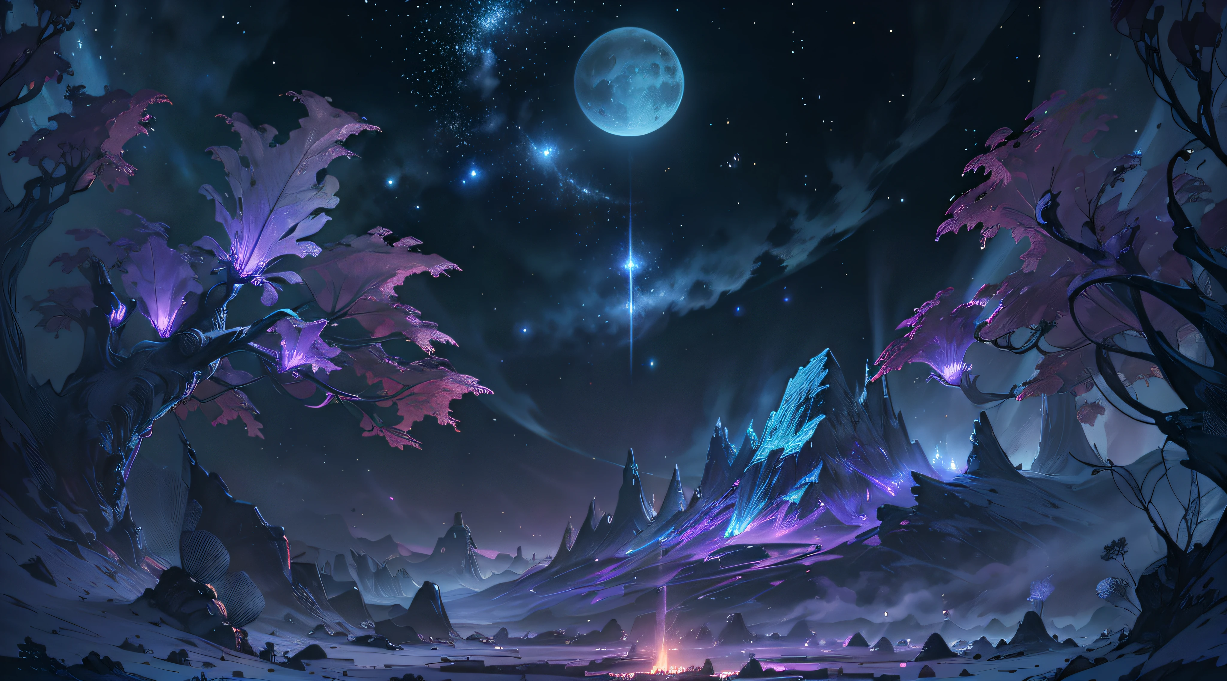 expansive landscape photography, (a view from below showing the sky above and the open field below), (full moon: 1.2), (shooting stars: 0.9), (nebula: 1.3), distant mountain, tree BREAK production art, (hot light source: 1.2), (Firefly: 1.2), lamp, very orange, very purple, complex details, volumetric lighting, realism BREAK (masterpiece: 1.2), (best quality), 4k, ultra-detailed, (dynamic composition: 1.4), highly detailed, colorful details, (iridescent colors: 1.2), (bright lighting, atmospheric lighting), dreamy, magical, (solo: 1.2) --auto --s2