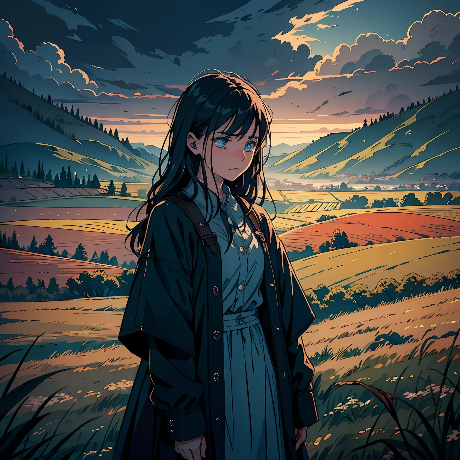 (moody aesthetic illustration),vagabond,(main_illustration:1.2)naive,(more_stories:1.1)telling a story, struggling,(1girl)blue eyes,old-fashioned clothes,(emotion:1.2)sadness,(emotion:1.2)pain, the scenery behind her includes a countryside with a path in the distance, a little bit of grass, as well as a cloudy sky