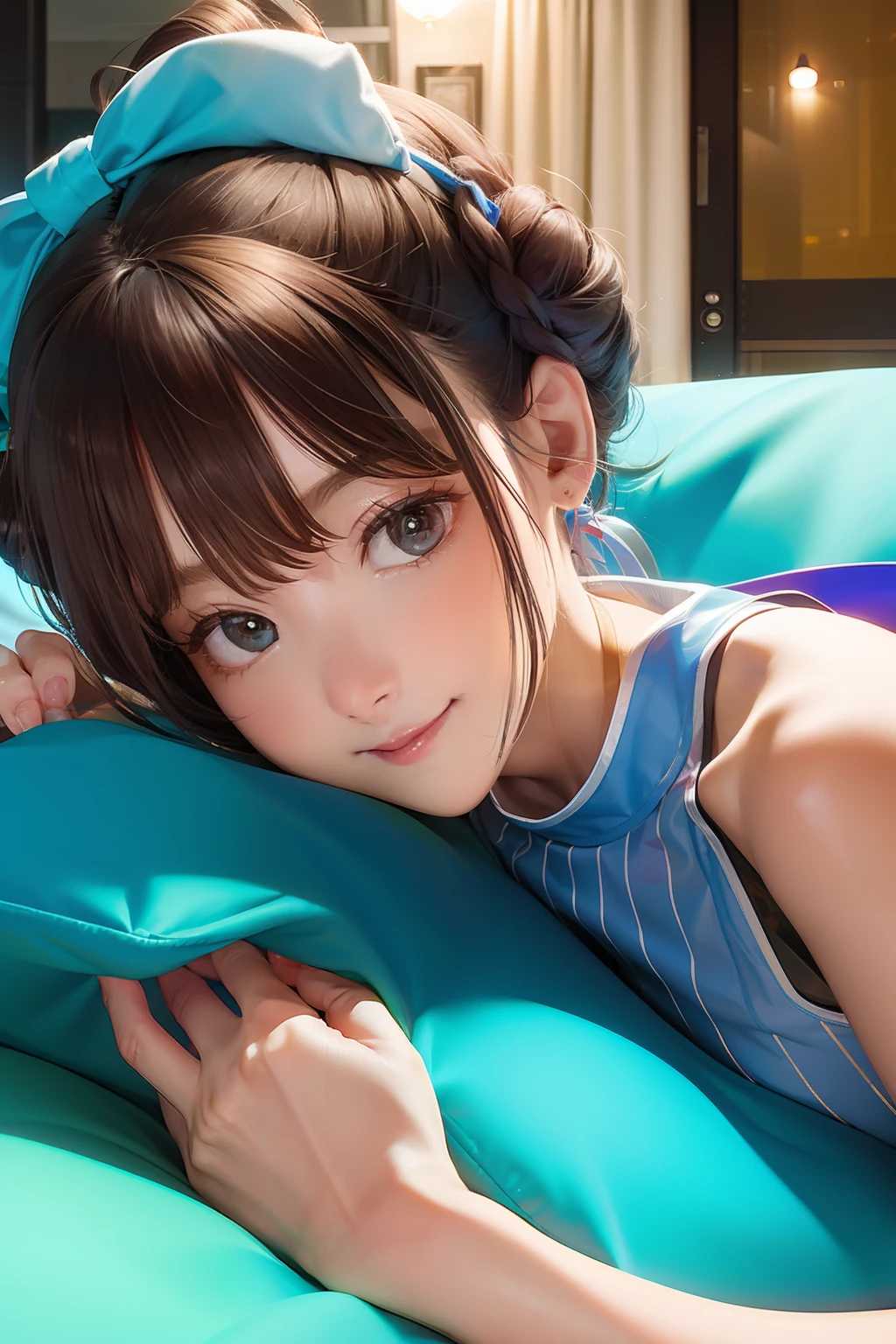 （space_buns_hairstyle：1.3），woman poses for a photo，Wearing a blue fishtail dress， He wears a pink bow on his head，Pillow in hand，Lie down in bed，4K，A high resolution，tmasterpiece，best qualtiy，head：1.3，（（Hasselblad photograp）），finelydetailedskin，Clear focus，（cinmatic lighting），during night，gentlesoftlighting，dynamic angle，[:(Detailed face：1.2）：0.2]，（（（In the city））），