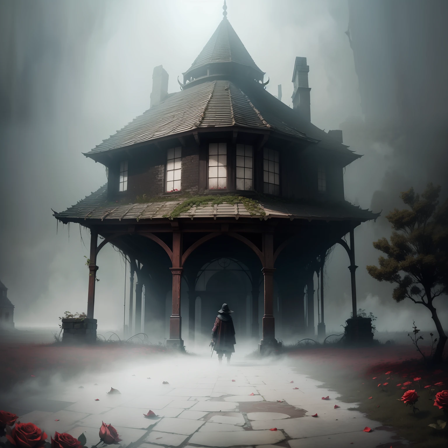 Under the fog,A ruined one under the shadows,Withering roses