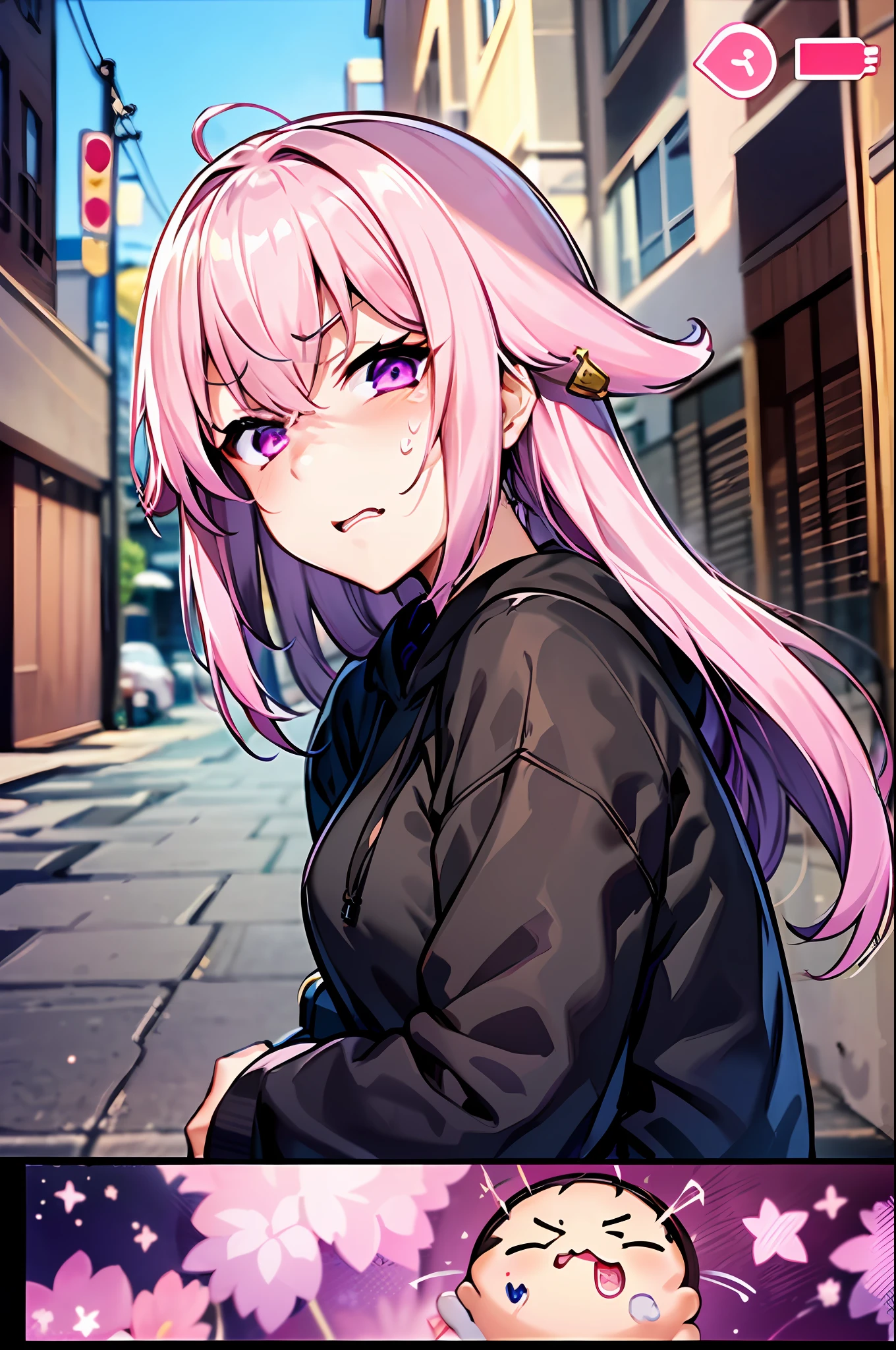 Yae miko pink hair and purple eyes in a black hoodie, anime visual of a cute girl, screenshot from the anime film, & her expression is solemn, ahegao face, in the anime film, in an anime, anime visual of a young woman, she has a cute expressive face, still from anime