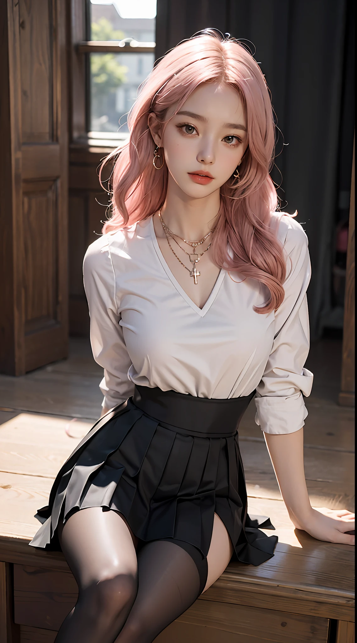 Masterpiece, 1 girl, waist up, faint smile, shiny skin, best quality, masterpiece, (realistic: 1.4), school uniform, pleated skirt, black stockings, background blur, (large aperture: 1.2), pink hair, necklace, earrings